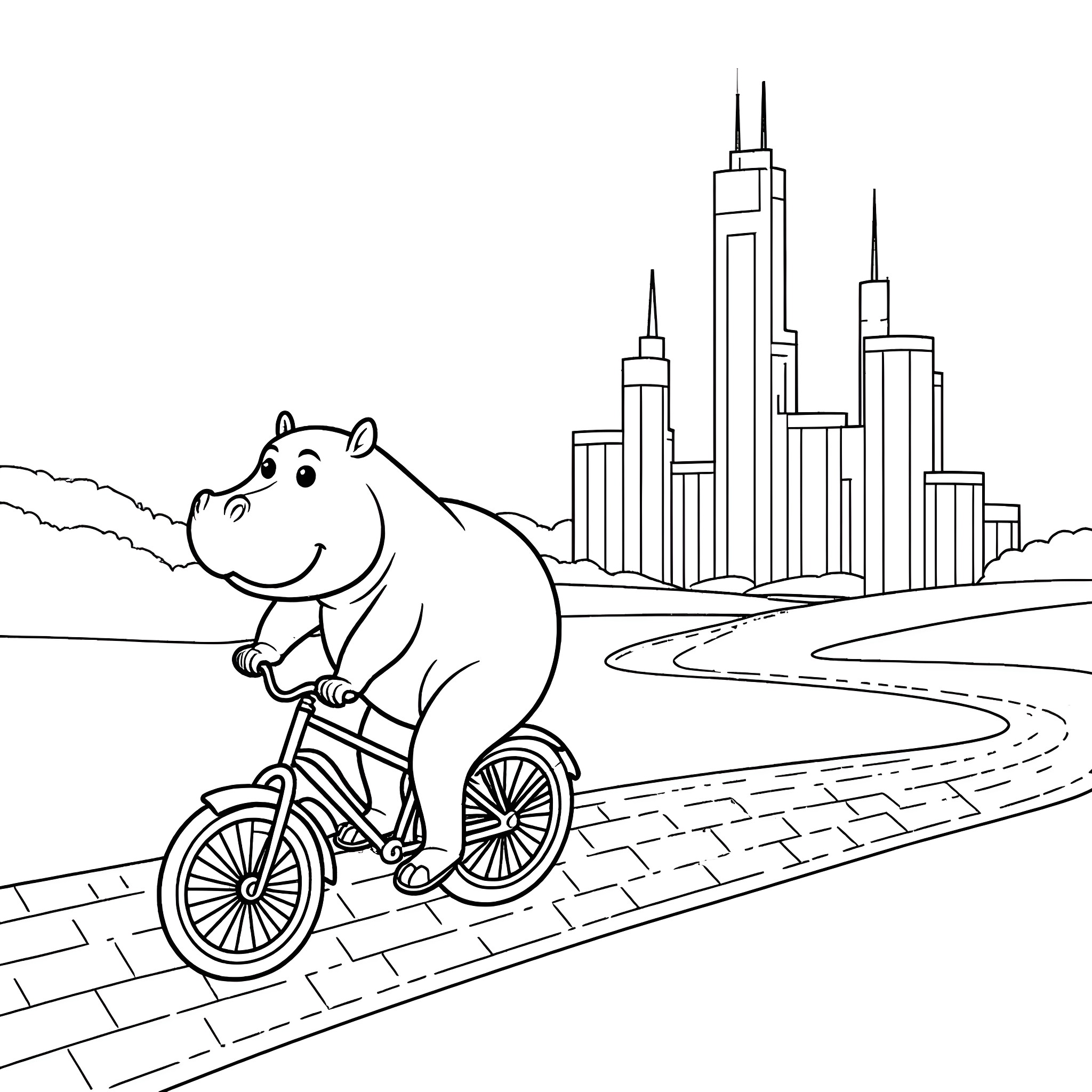 Hippo riding bicycle in front of city skyline Coloring Page (free black-and-white line drawing printable PDF for all, from beginners to advanced learners, including children, teens, adults, and seniors)