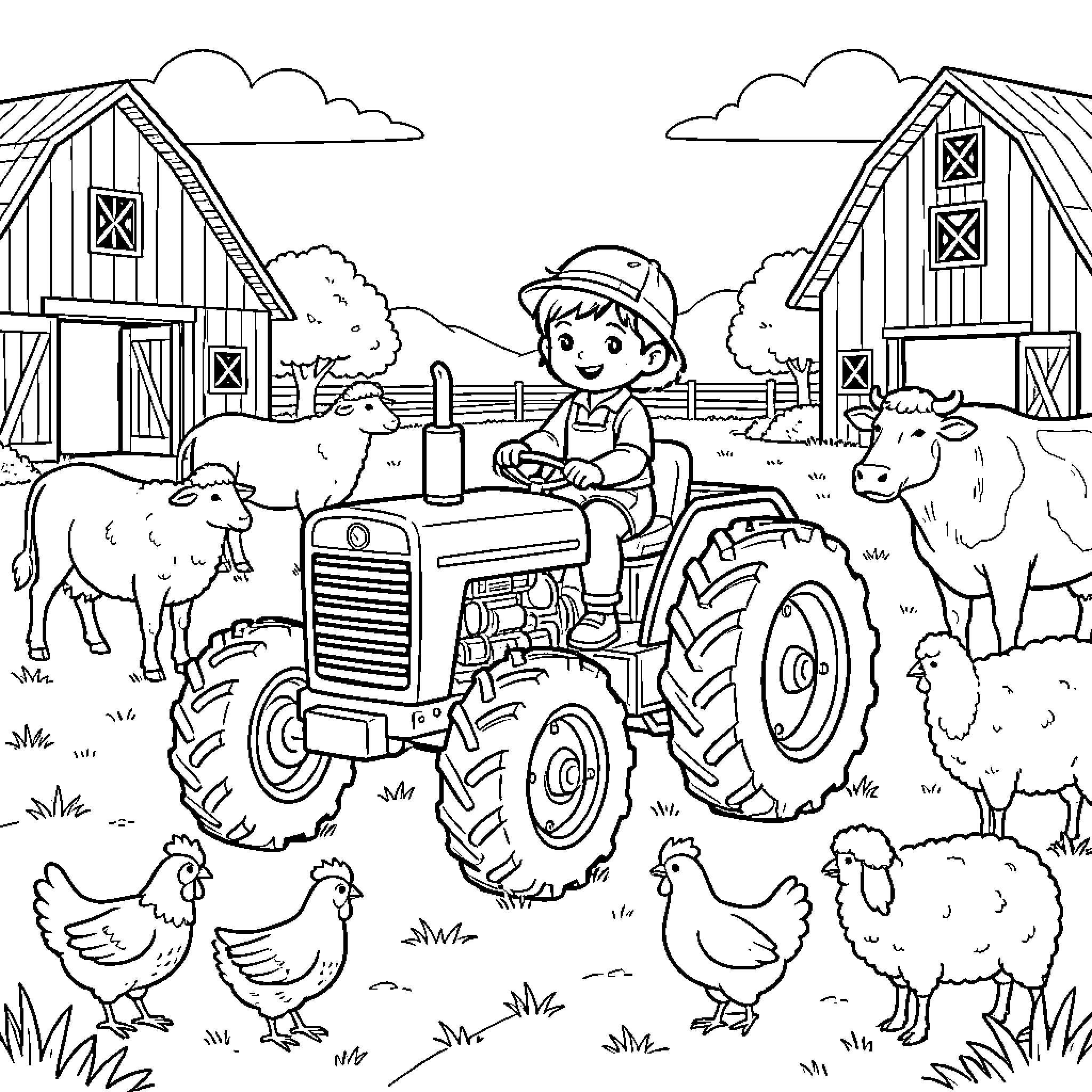 Child driving a tractor on a busy farm Coloring Page (free black-and-white line drawing printable PDF for all, from beginners to advanced learners, including children, teens, adults, and seniors)