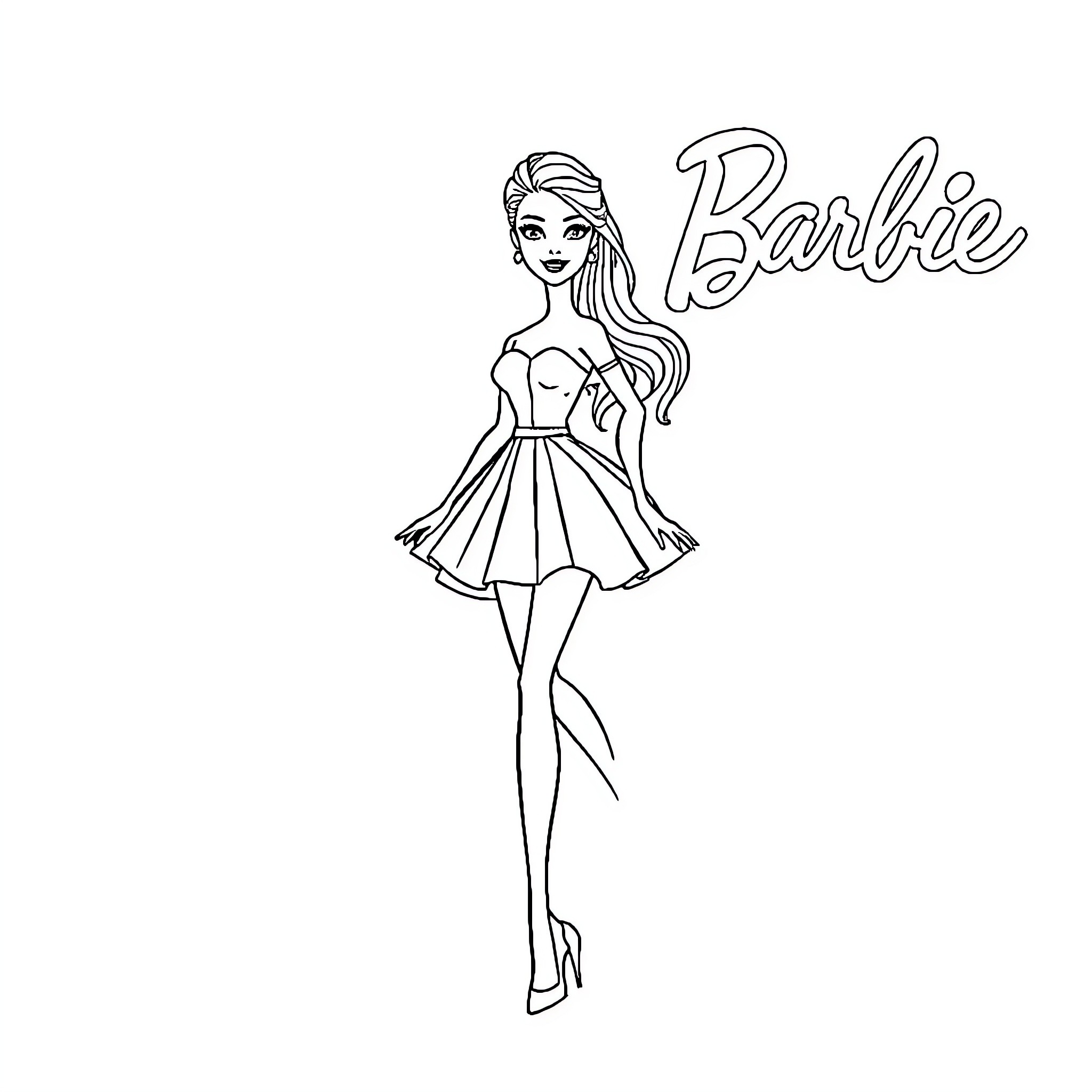 Barbie posing in fashionable dress Coloring Page (free black-and-white line drawing printable PDF for all, from beginners to advanced learners, including children, teens, adults, and seniors)