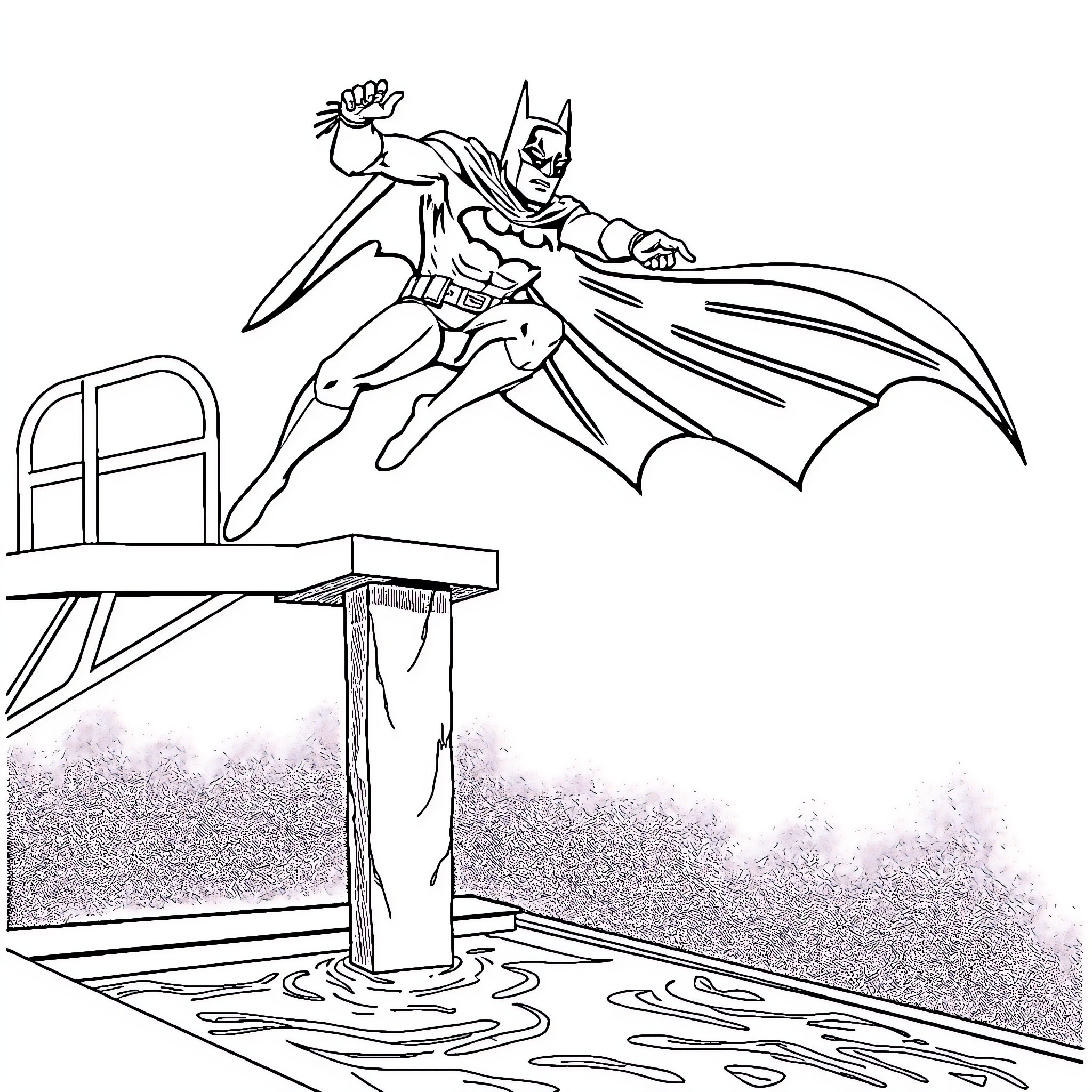 Batman leaping into action with cape outstretched Coloring Page (free black-and-white line drawing printable PDF for all, from beginners to advanced learners, including children, teens, adults, and seniors)