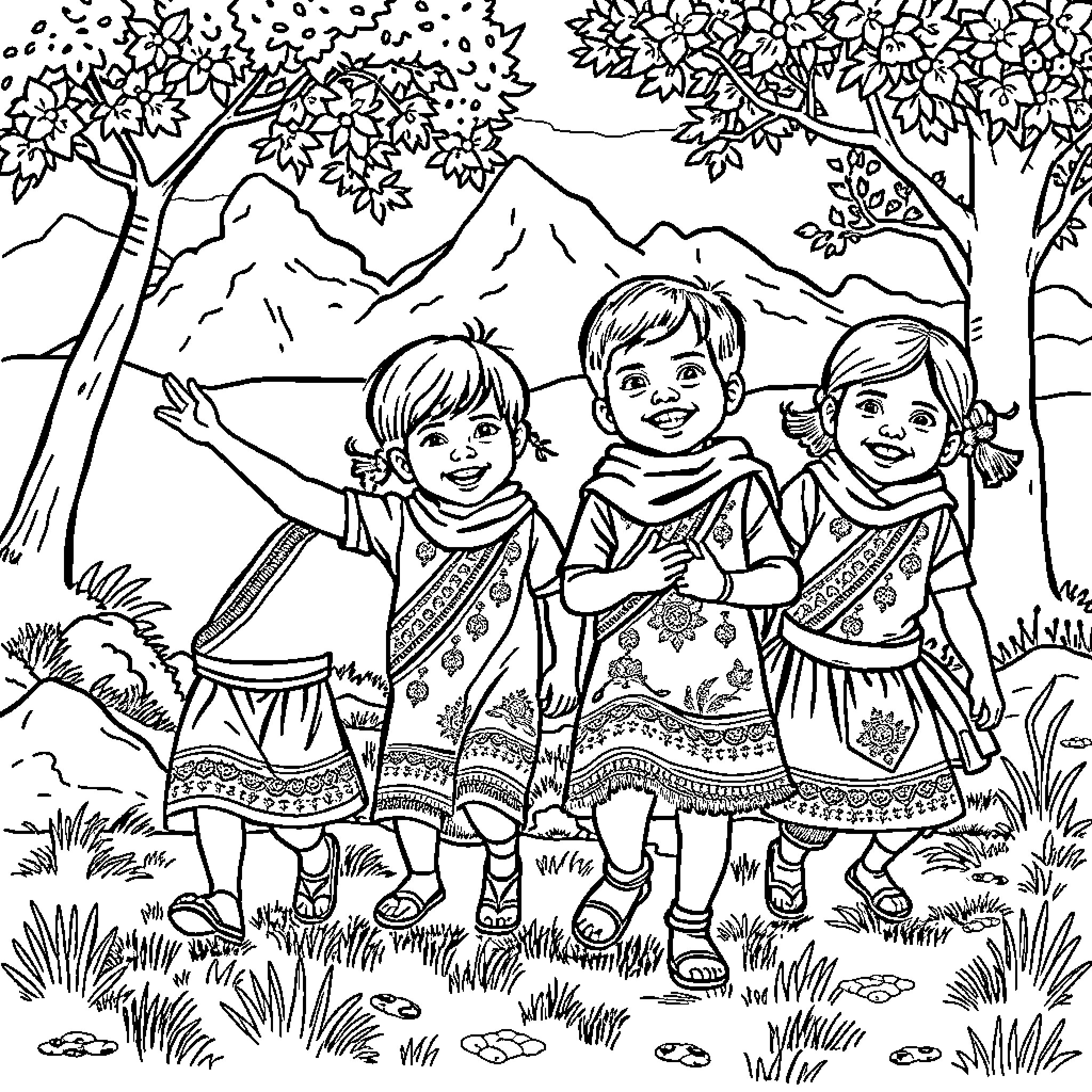 Kids playing happily in the mountain landscape Coloring Page (free black-and-white line drawing printable PDF for all, from beginners to advanced learners, including children, teens, adults, and seniors)