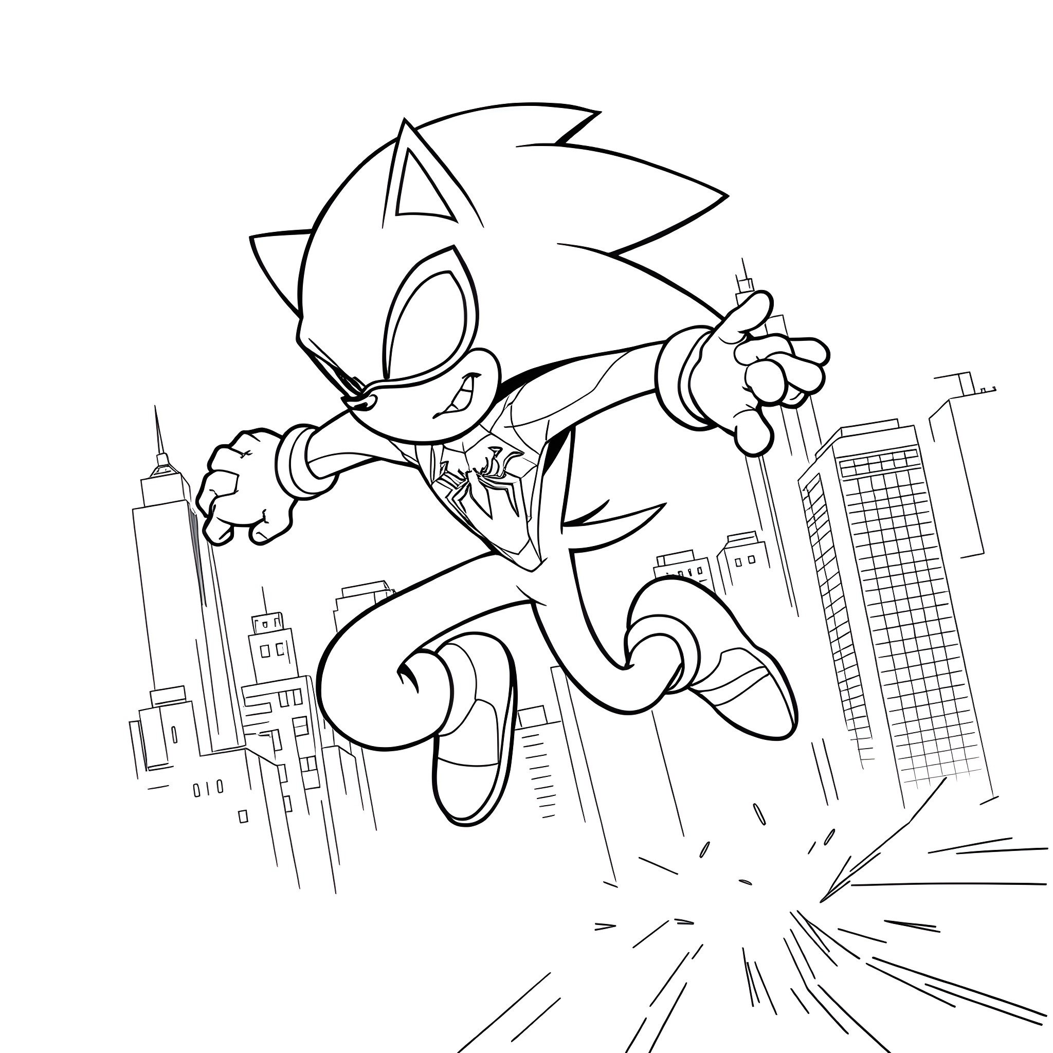 Sonic the Hedgehog running through the city Coloring Page (free black-and-white line drawing printable PDF for all, from beginners to advanced learners, including children, teens, adults, and seniors)