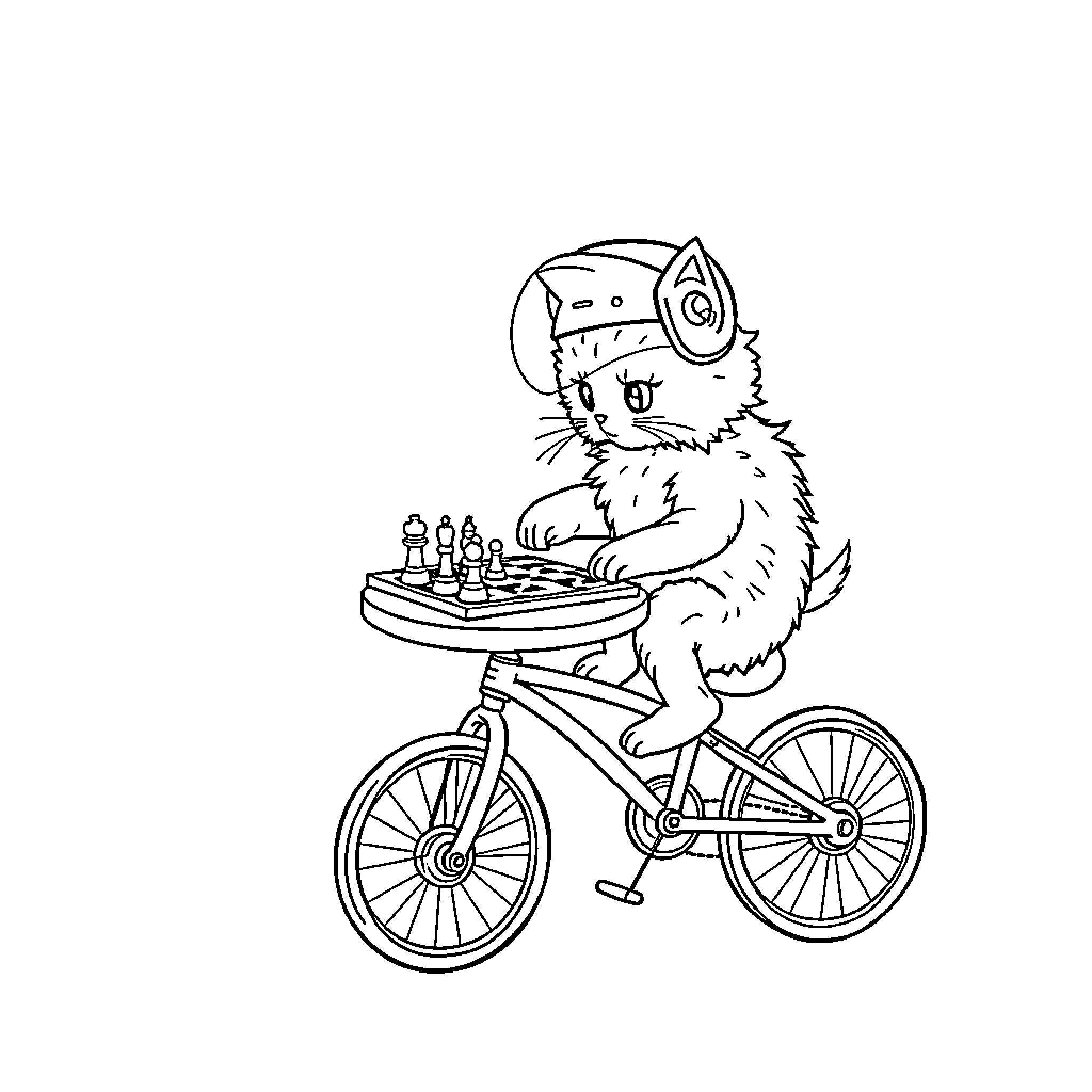 Cat riding a bicycle and playing chess Coloring Page (free black-and-white line drawing printable PDF for all, from beginners to advanced learners, including children, teens, adults, and seniors)
