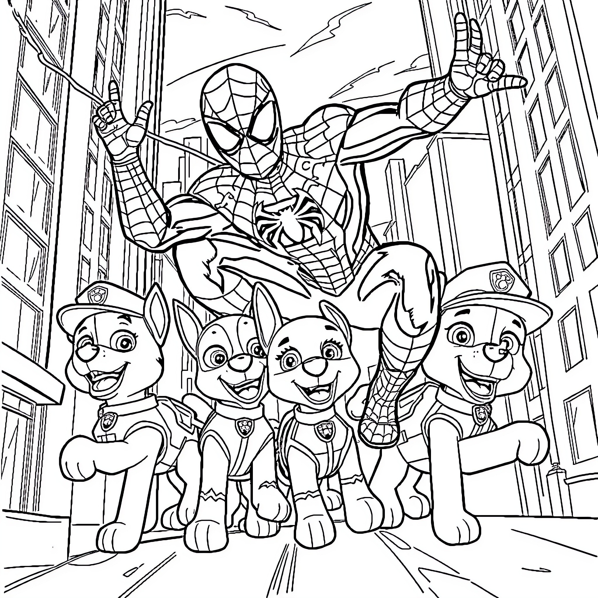 Spiderman and Paw Patrol heroes in the city Coloring Page (free black-and-white line drawing printable PDF for all, from beginners to advanced learners, including children, teens, adults, and seniors)