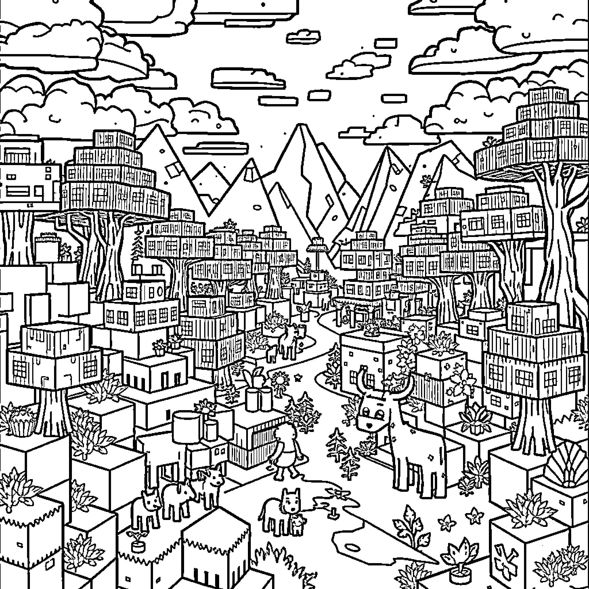 Minecraft City in the Mountains with Vibrant Scenery Coloring Page (free black-and-white line drawing printable PDF for all, from beginners to advanced learners, including children, teens, adults, and seniors)