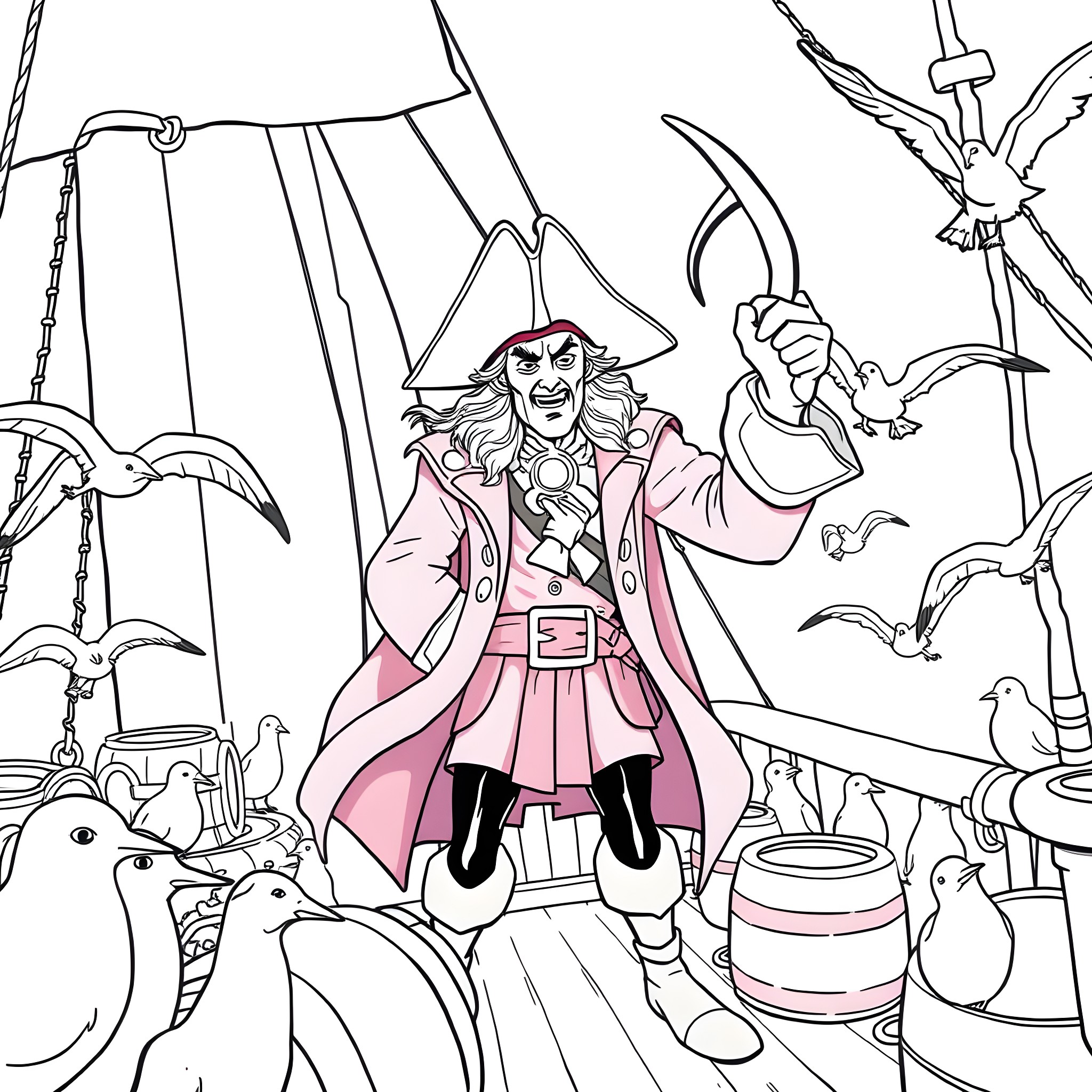 Captain Hook commanding pirates on his ship Coloring Page (free black-and-white line drawing printable PDF for all, from beginners to advanced learners, including children, teens, adults, and seniors)