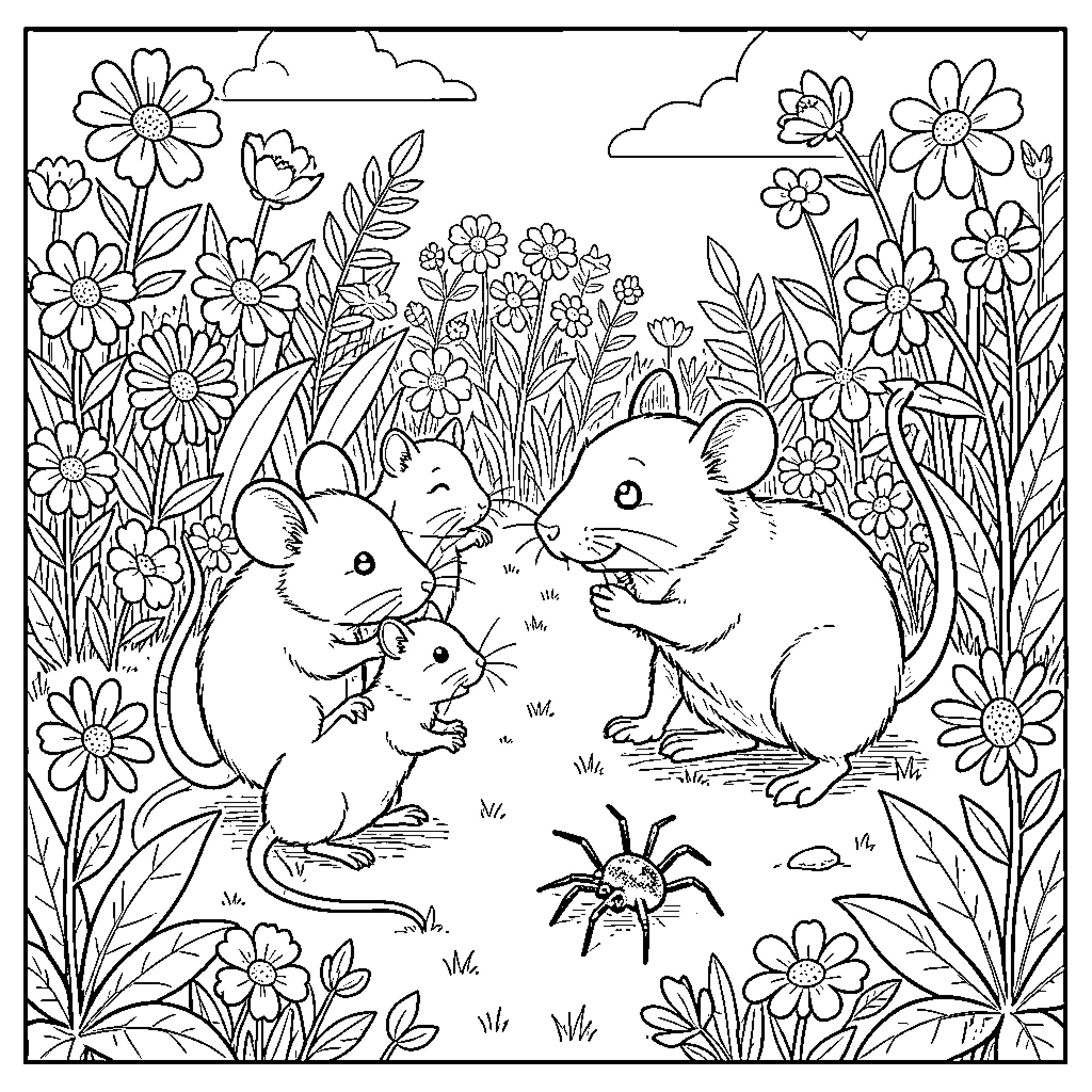 Mouse family interacting with a small spider in flowers Coloring Page (free black-and-white line drawing printable PDF for all, from beginners to advanced learners, including children, teens, adults, and seniors)
