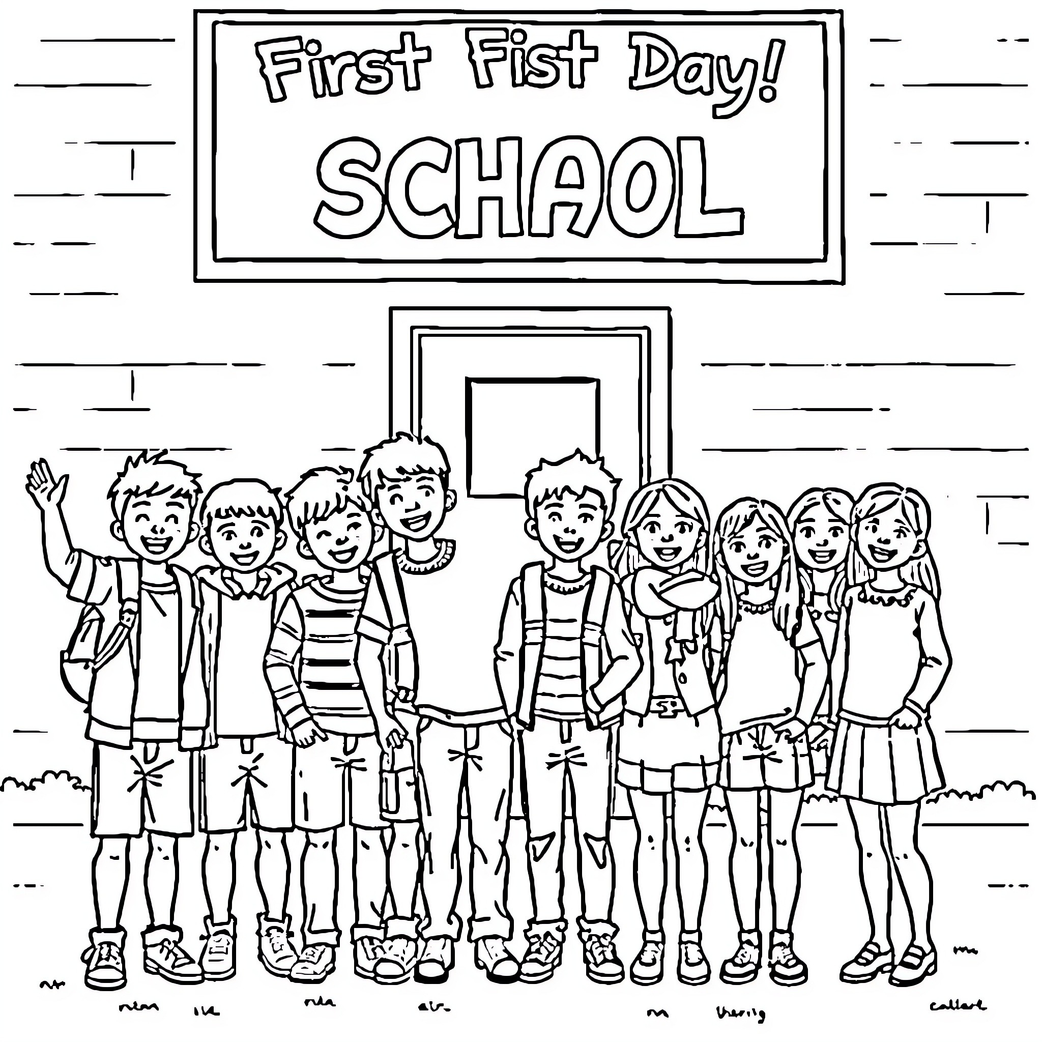 Students gather for first day of school Coloring Page (free black-and-white line drawing printable PDF for all, from beginners to advanced learners, including children, teens, adults, and seniors)