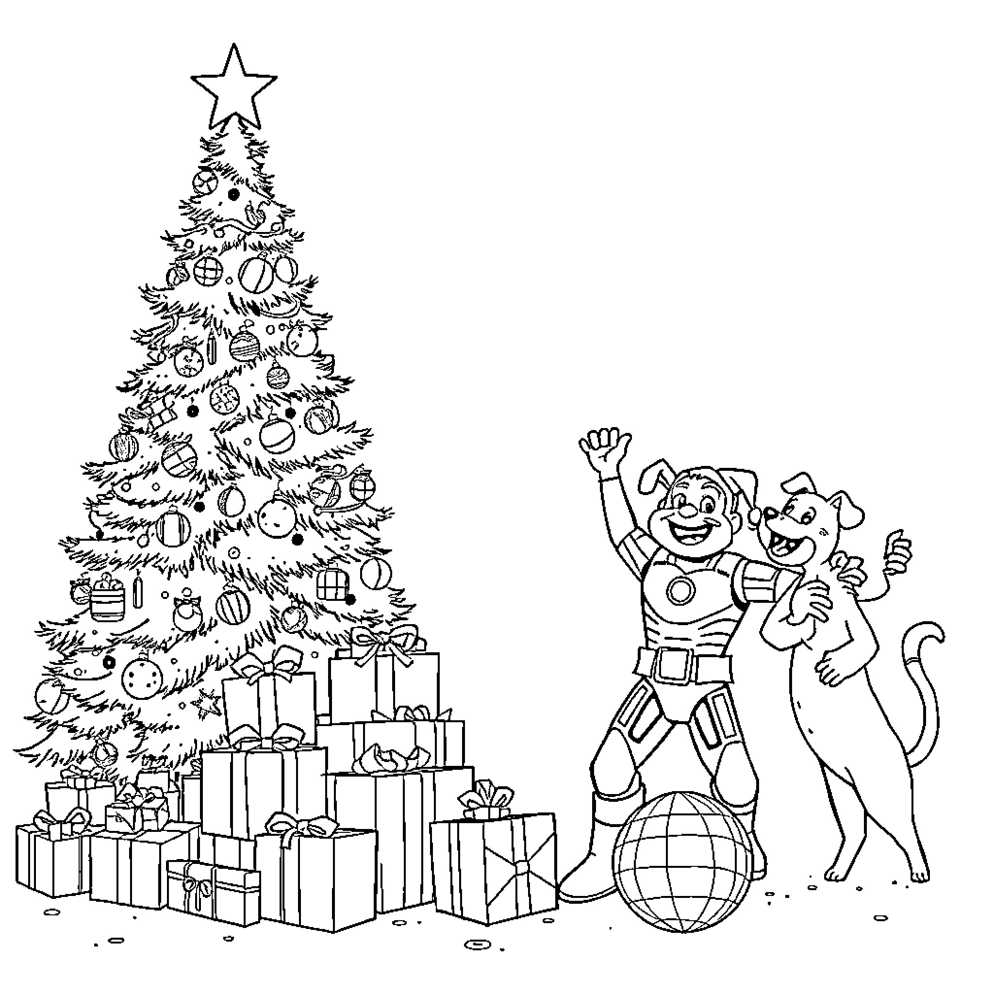 Christmas celebration with decorated tree and gifts Coloring Page (free black-and-white line drawing printable PDF for all, from beginners to advanced learners, including children, teens, adults, and seniors)