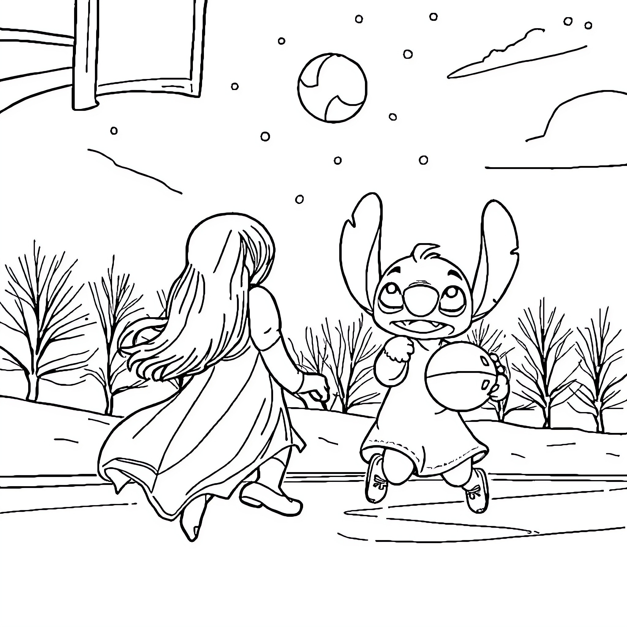 Stitch enjoying a snowy adventure with a friend Coloring Page (free black-and-white line drawing printable PDF for all, from beginners to advanced learners, including children, teens, adults, and seniors)