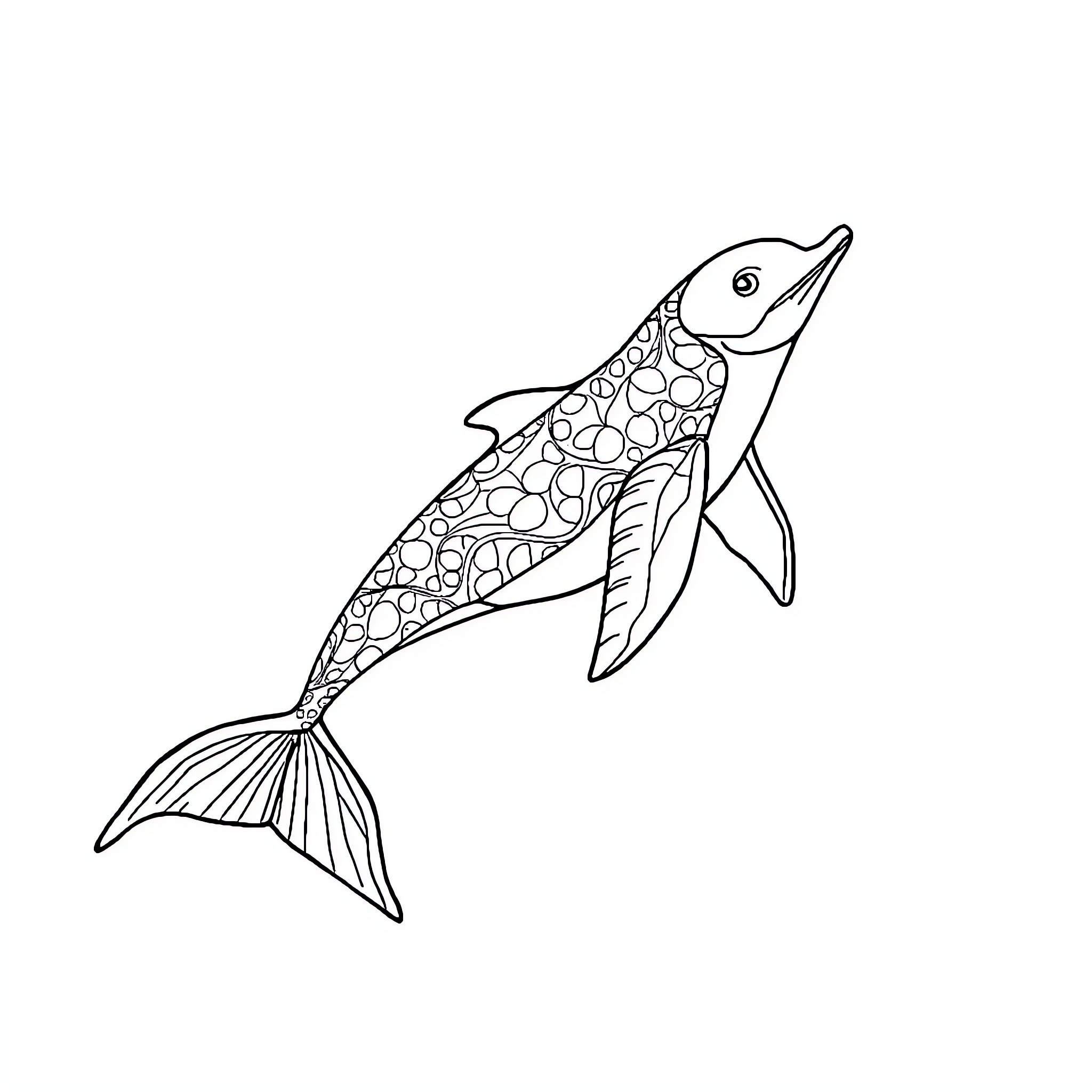 Mermaid swimming with patterned fins Coloring Page (free black-and-white line drawing printable PDF for all, from beginners to advanced learners, including children, teens, adults, and seniors)