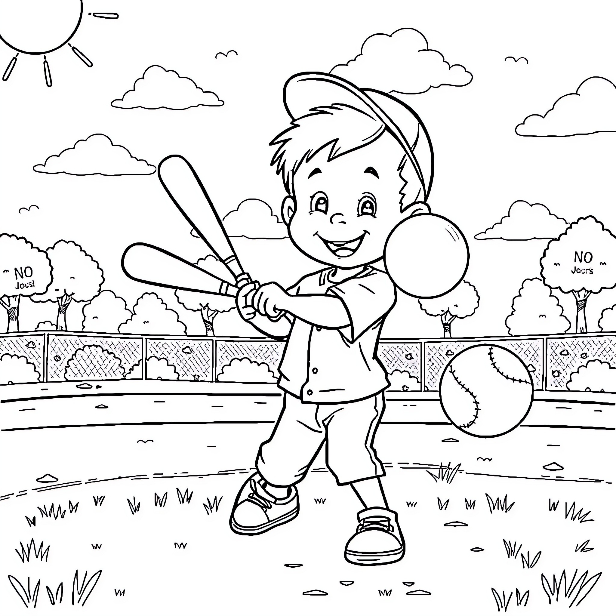 Child playing baseball on the field Coloring Page (free black-and-white line drawing printable PDF for all, from beginners to advanced learners, including children, teens, adults, and seniors)
