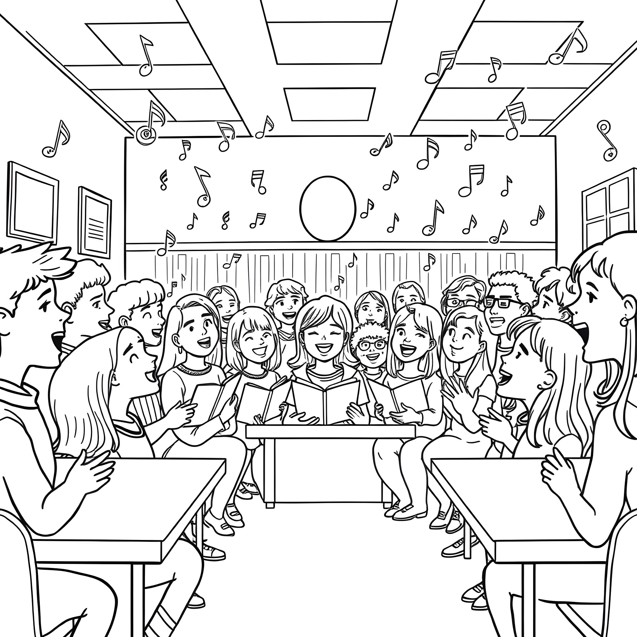 Solfège Classroom Full of Singing Students Coloring Page (free black-and-white line drawing printable PDF for all, from beginners to advanced learners, including children, teens, adults, and seniors)
