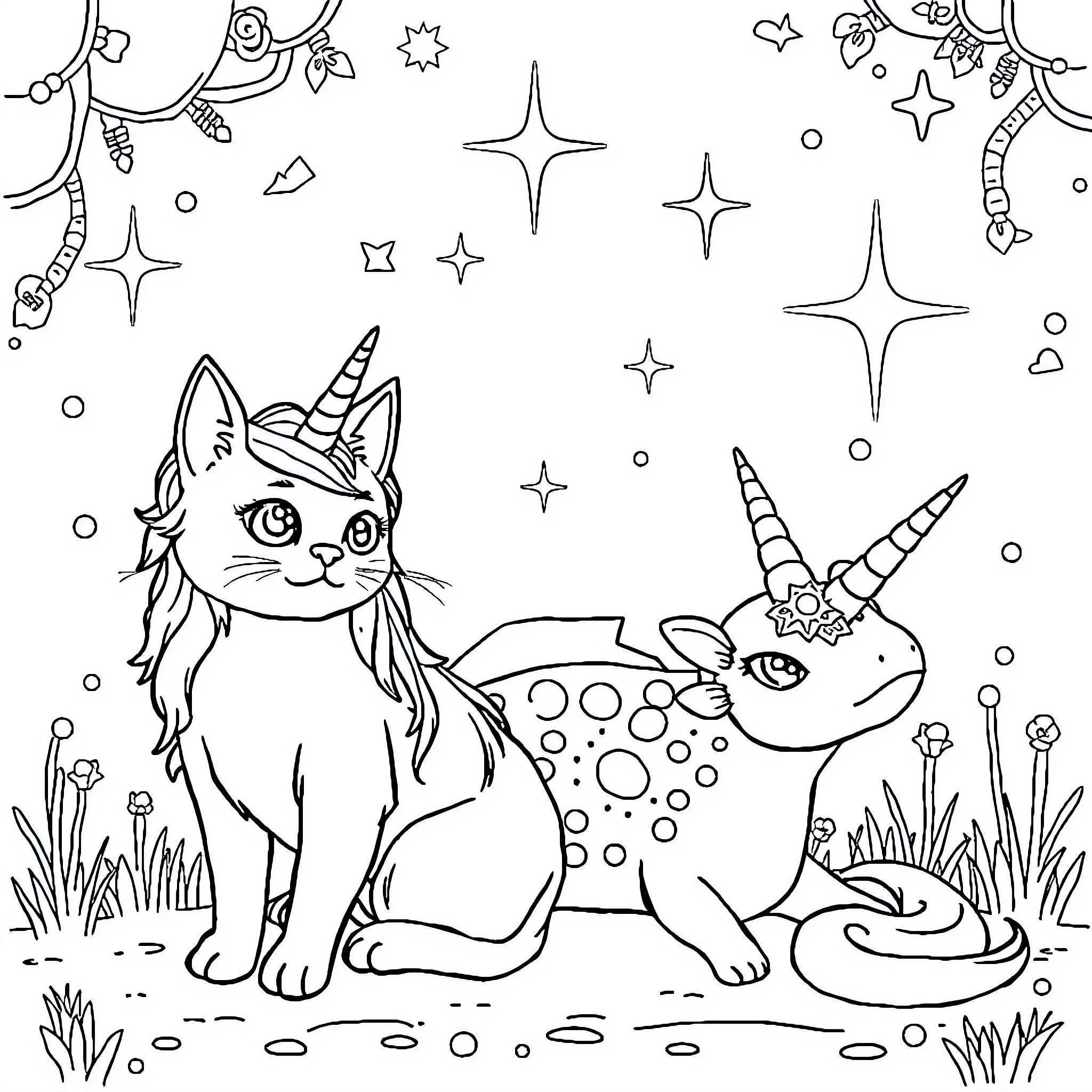Unicorn cat and unicorn companion in whimsical fantasy scene Coloring Page (free black-and-white line drawing printable PDF for all, from beginners to advanced learners, including children, teens, adults, and seniors)