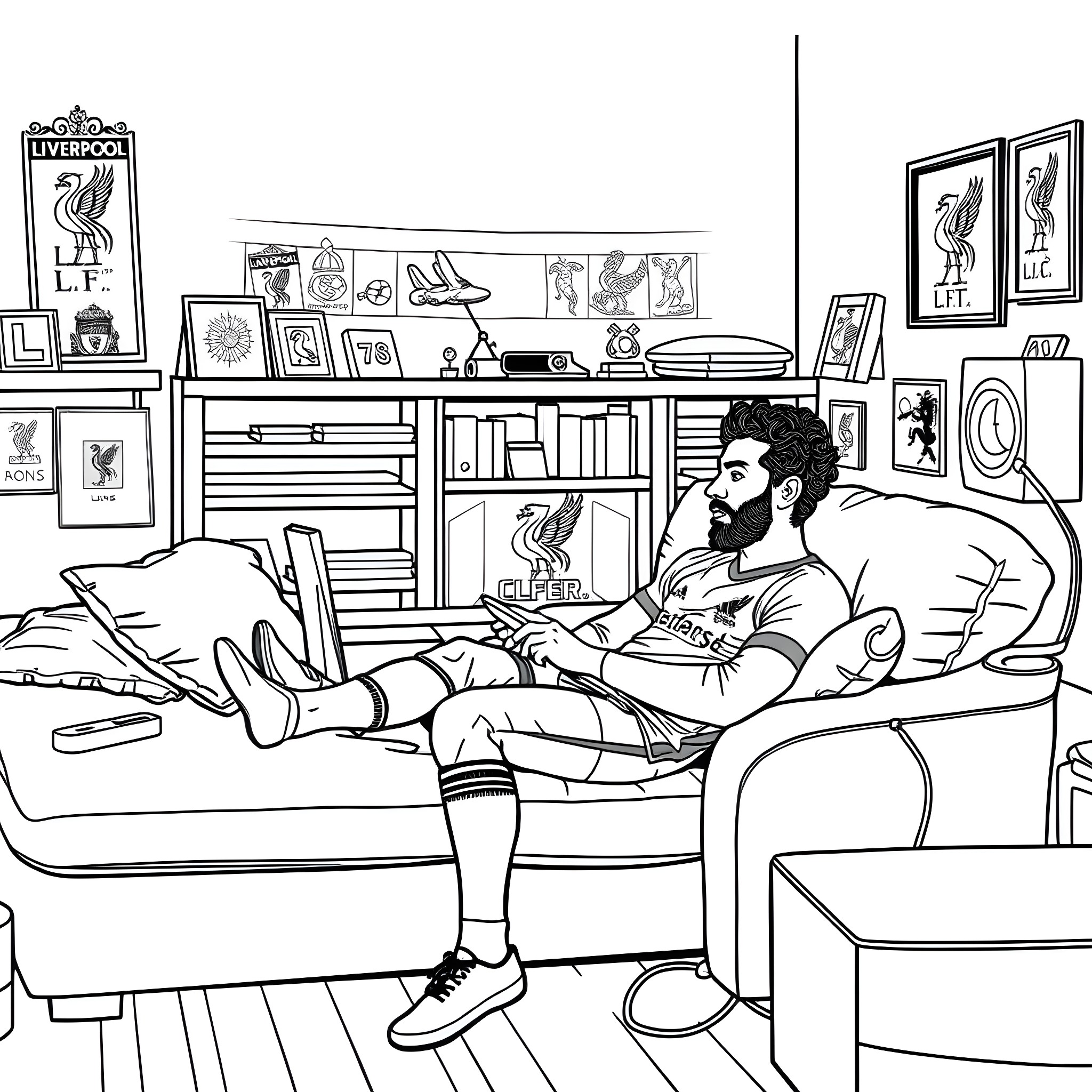 Mo Salah relaxing at home with books and memorabilia Coloring Page (free black-and-white line drawing printable PDF for all, from beginners to advanced learners, including children, teens, adults, and seniors)