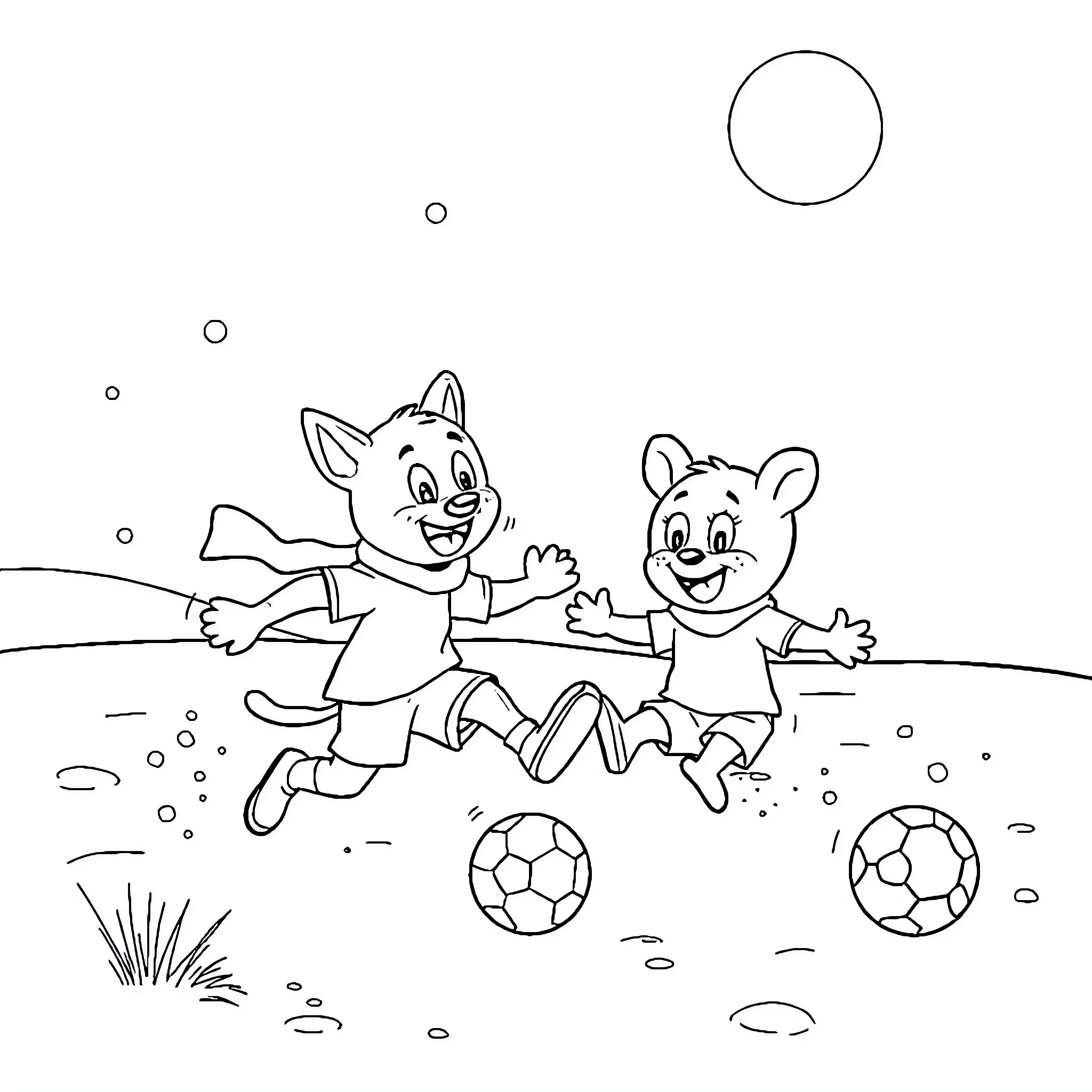 Bluey and Bingo playing soccer joyfully Coloring Page (free black-and-white line drawing printable PDF for all, from beginners to advanced learners, including children, teens, adults, and seniors)
