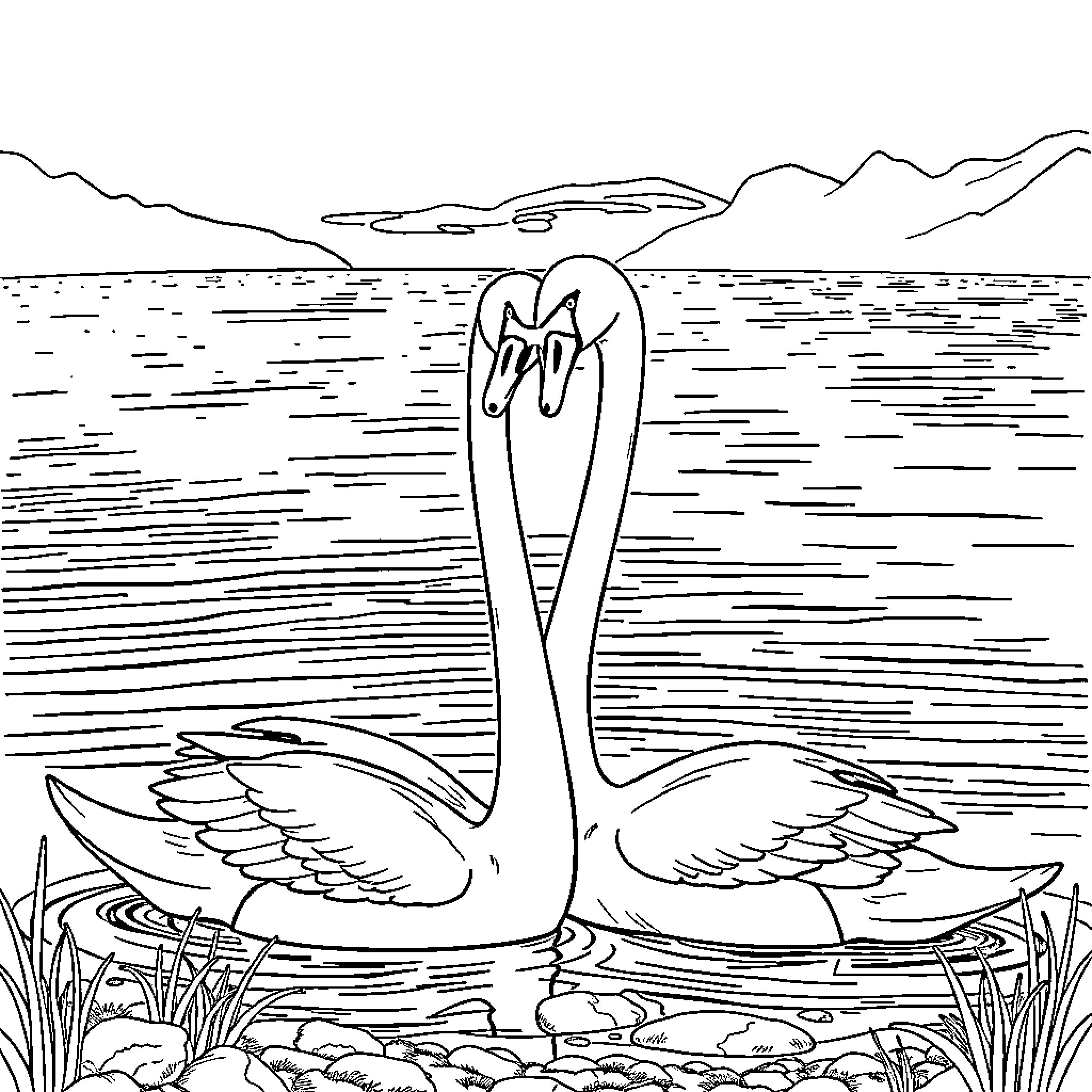 Swan gliding gracefully across the serene waters Coloring Page (free black-and-white line drawing printable PDF for all, from beginners to advanced learners, including children, teens, adults, and seniors)