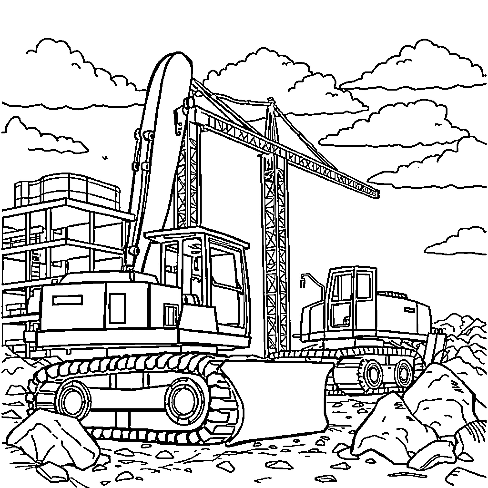 Construction machinery at a work site Coloring Page (free black-and-white line drawing printable PDF for all, from beginners to advanced learners, including children, teens, adults, and seniors)