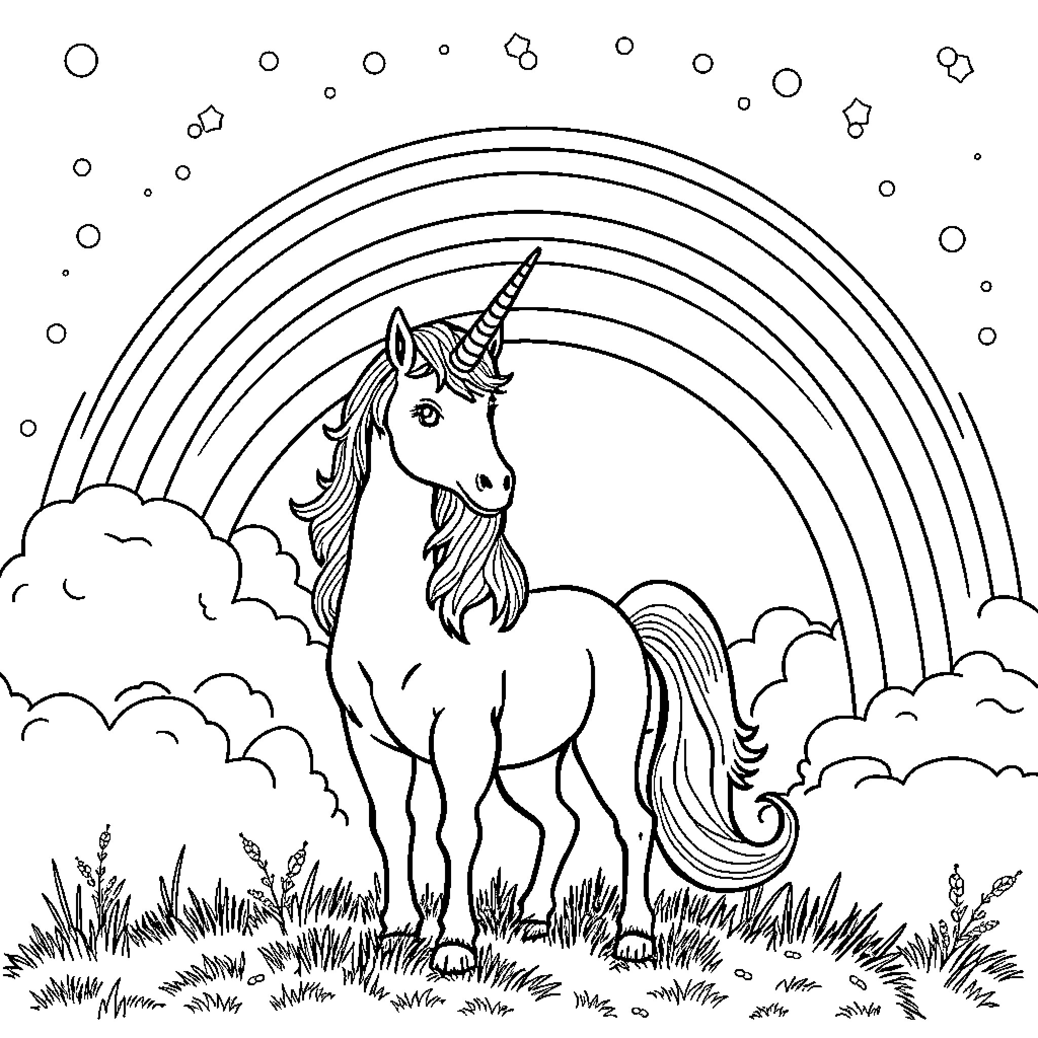 Unicorn enjoying the rainbow sky Coloring Page (free black-and-white line drawing printable PDF for all, from beginners to advanced learners, including children, teens, adults, and seniors)