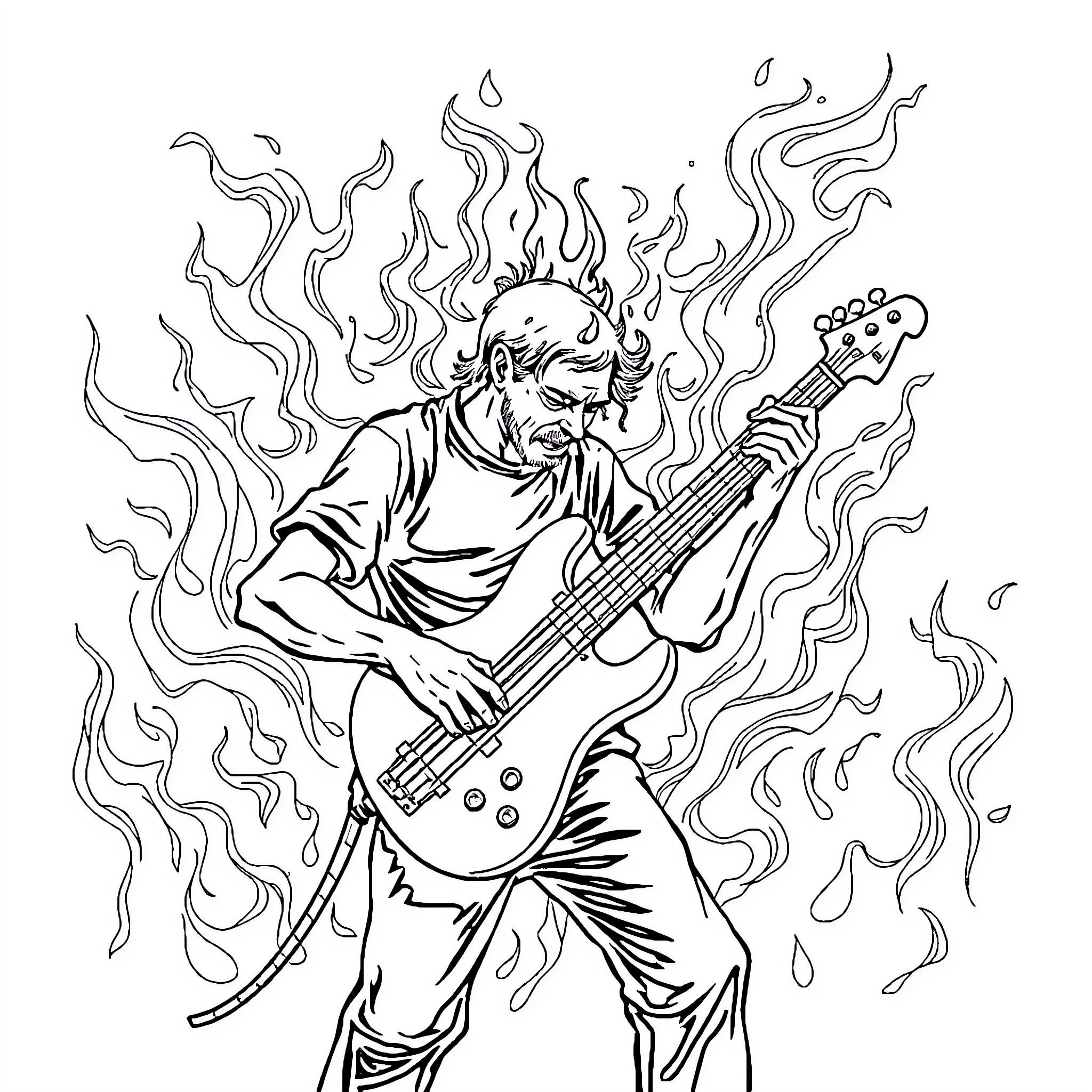 Bass Player rocking out in flames Coloring Page (free black-and-white line drawing printable PDF for all, from beginners to advanced learners, including children, teens, adults, and seniors)