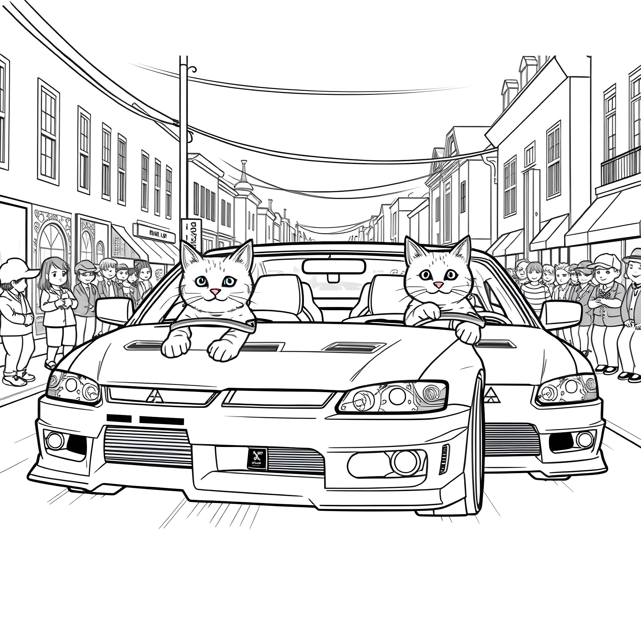Cats enjoying a city street ride Coloring Page (free black-and-white line drawing printable PDF for all, from beginners to advanced learners, including children, teens, adults, and seniors)
