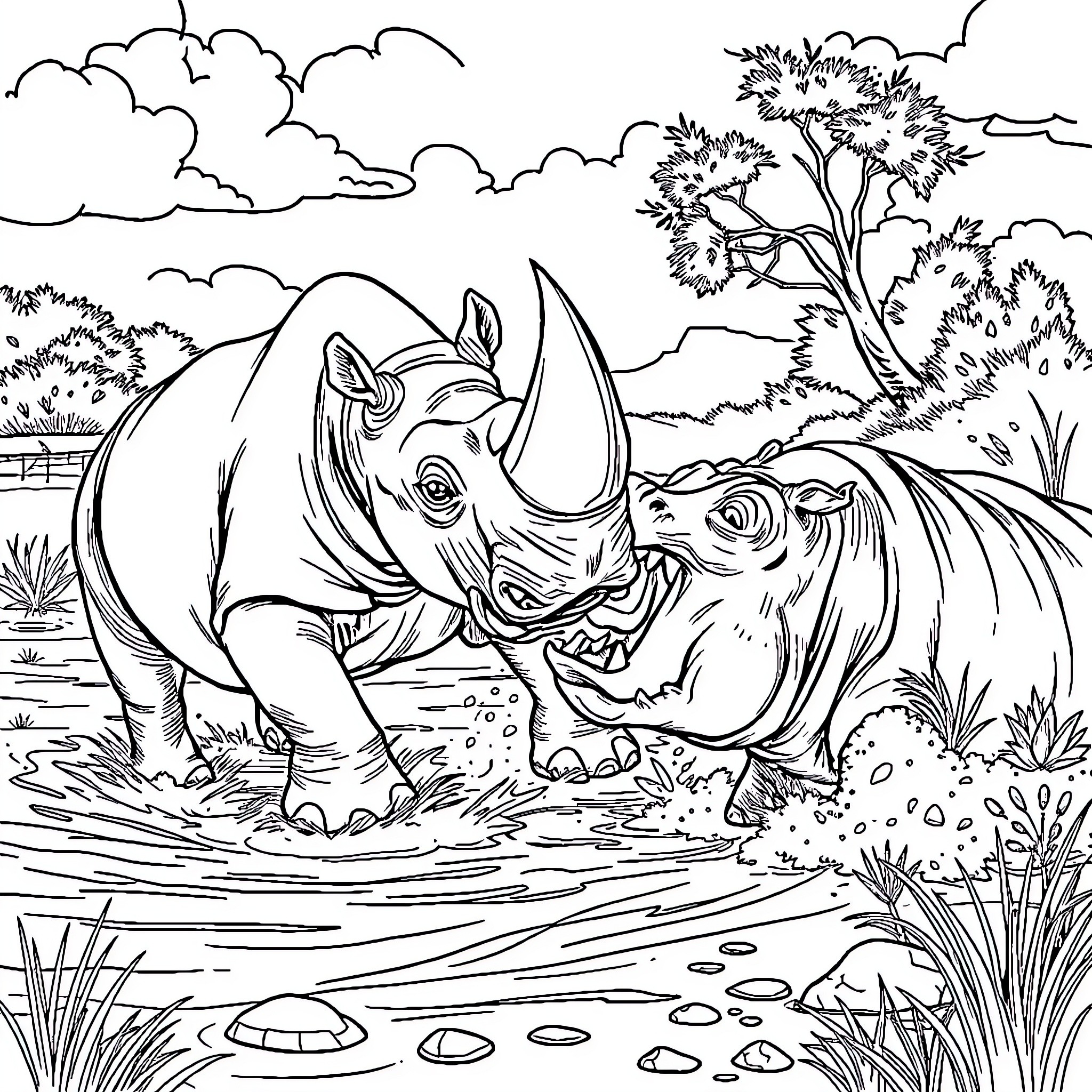 Rhinoceros playing in the muddy watering hole Coloring Page (free black-and-white line drawing printable PDF for all, from beginners to advanced learners, including children, teens, adults, and seniors)
