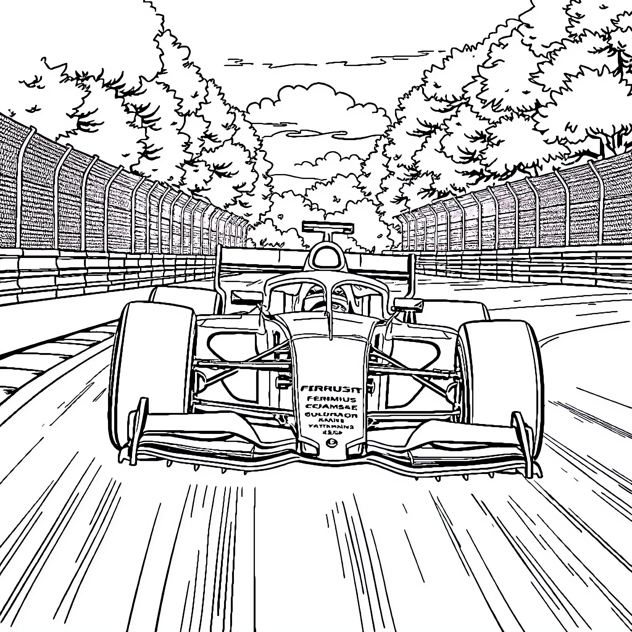 Formula 1 Race Car Speeding on Track Coloring Page (free black-and-white line drawing printable PDF for all, from beginners to advanced learners, including children, teens, adults, and seniors)