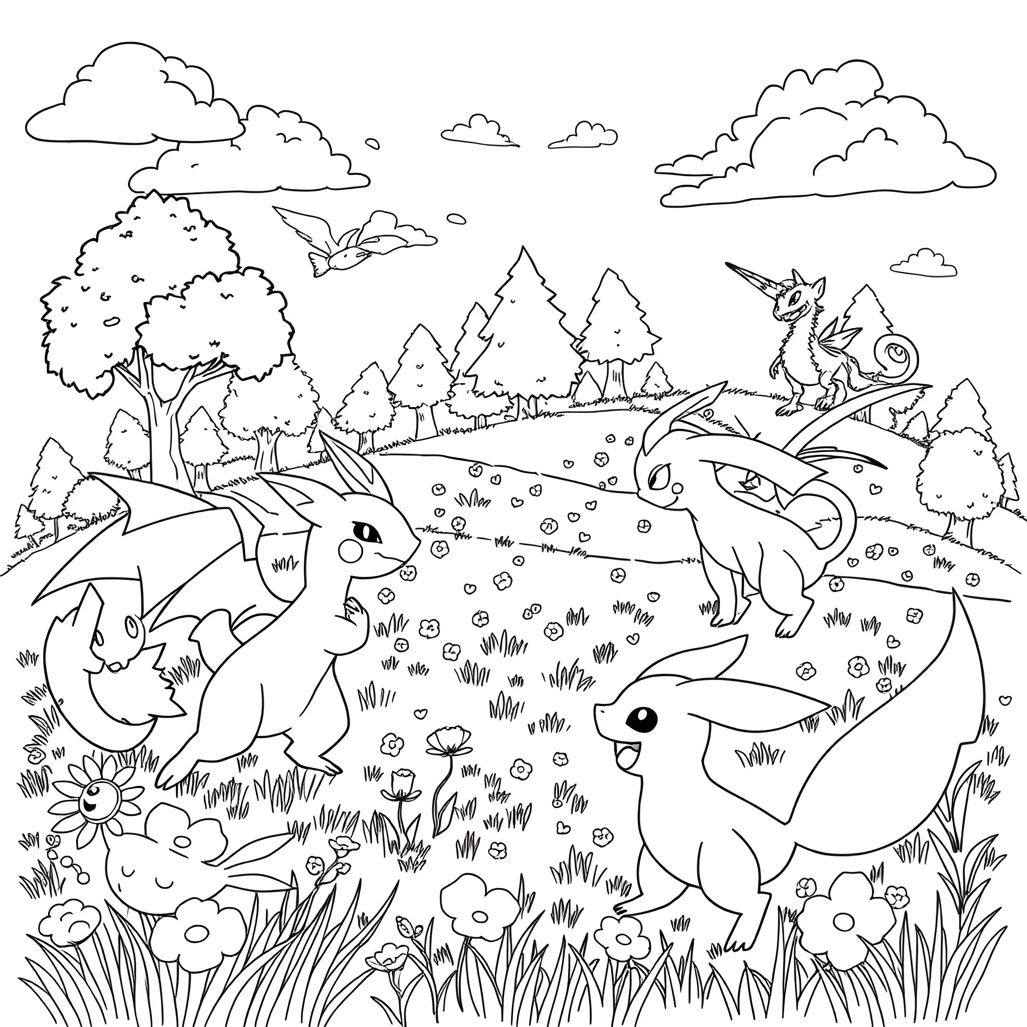 Pokémon characters exploring a magical forest landscape Coloring Page (free black-and-white line drawing printable PDF for all, from beginners to advanced learners, including children, teens, adults, and seniors)