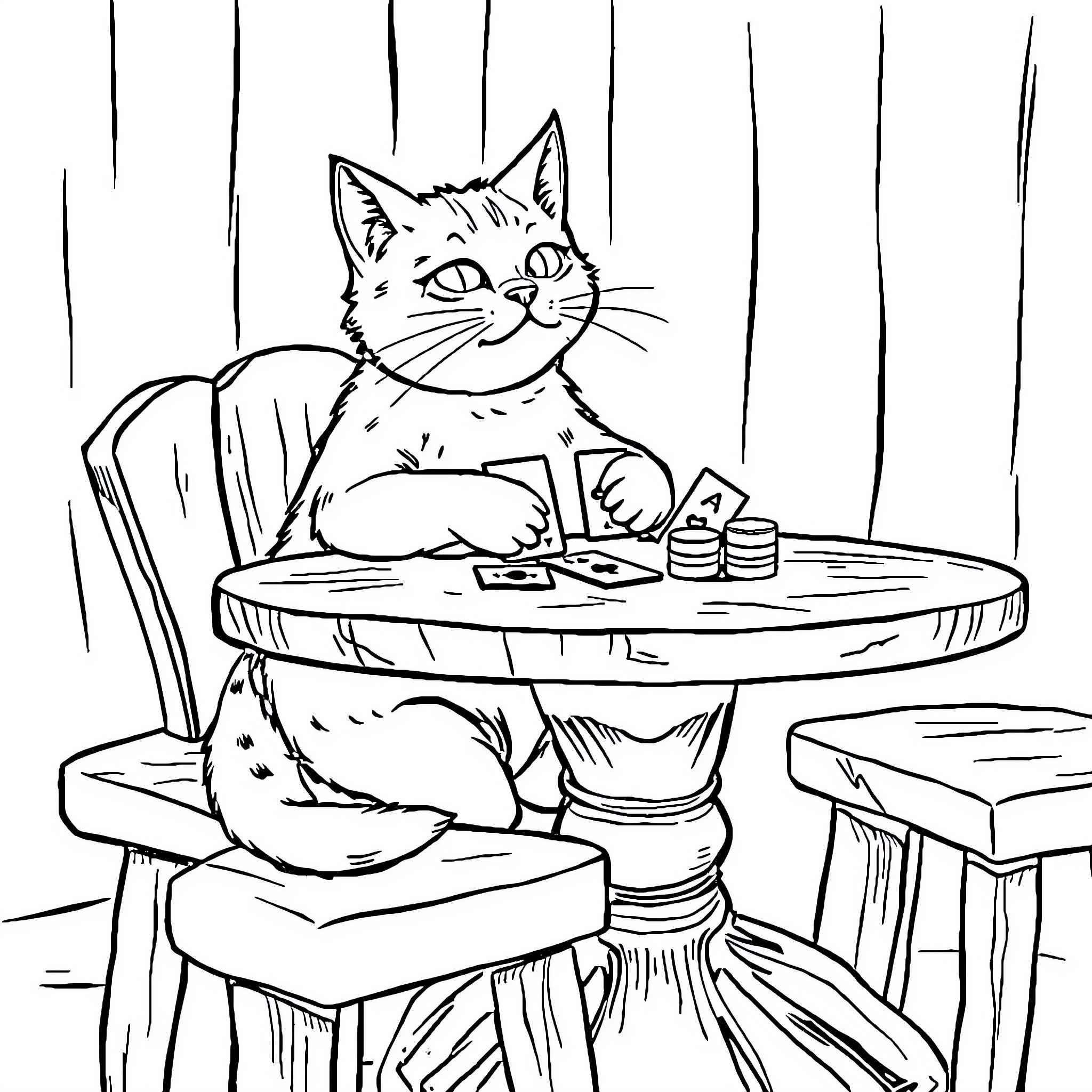 Cat enjoying a leisurely meal at the table Coloring Page (free black-and-white line drawing printable PDF for all, from beginners to advanced learners, including children, teens, adults, and seniors)