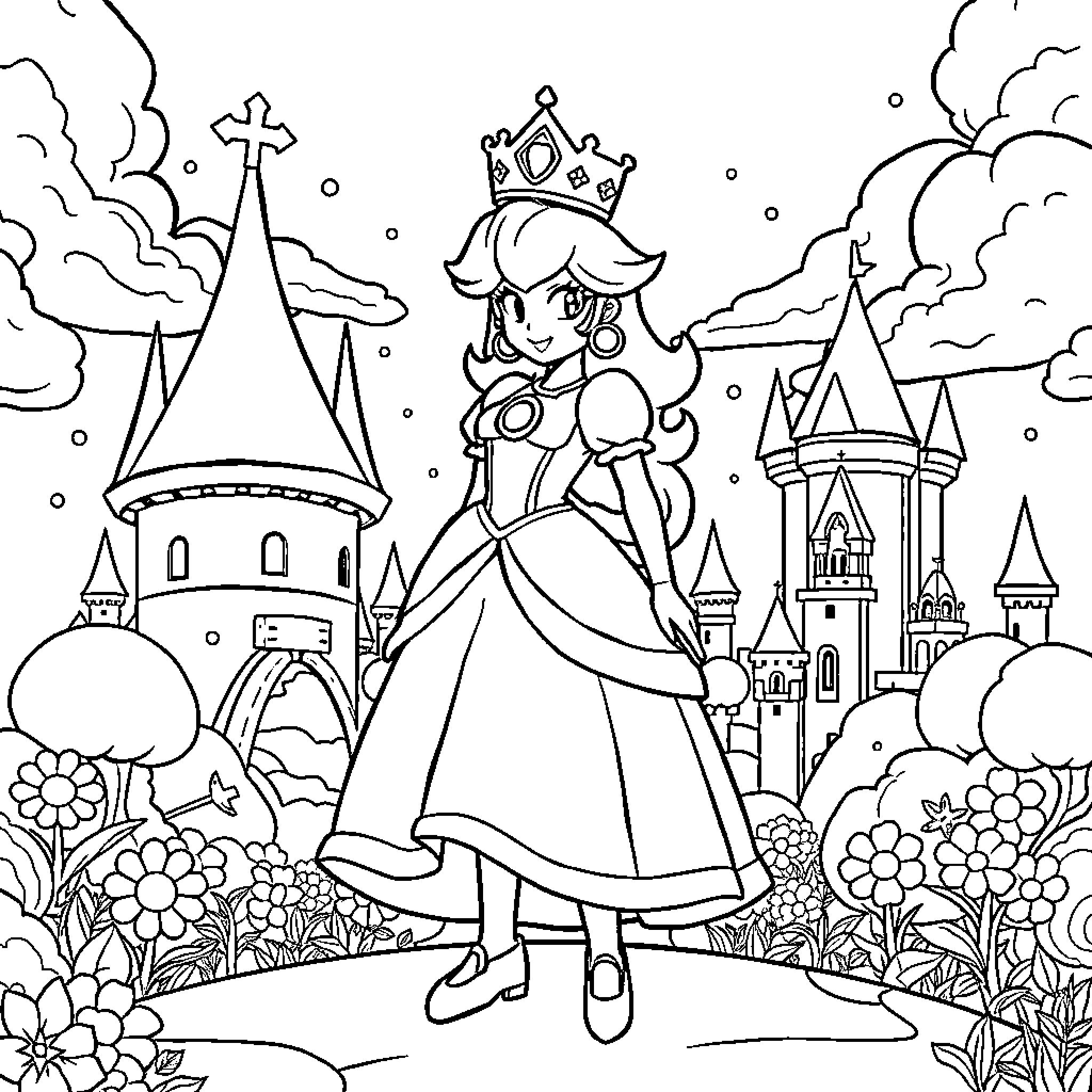Princess Peach exploring the magical kingdom Coloring Page (free black-and-white line drawing printable PDF for all, from beginners to advanced learners, including children, teens, adults, and seniors)