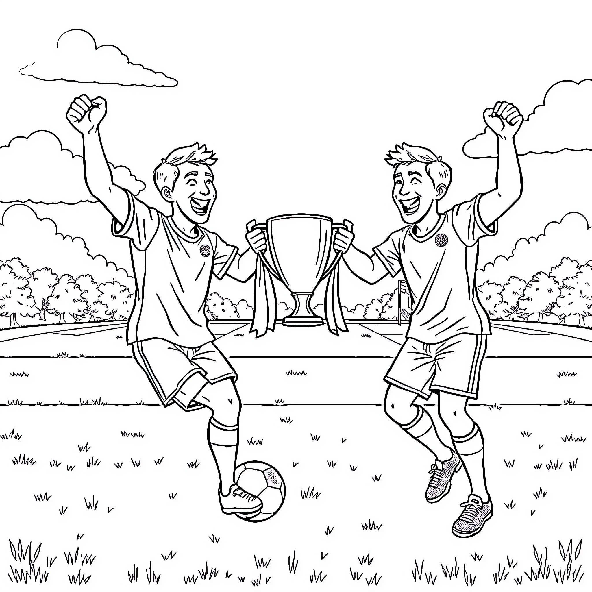 Soccer Players Celebrating with Trophy in Field Coloring Page (free black-and-white line drawing printable PDF for all, from beginners to advanced learners, including children, teens, adults, and seniors)