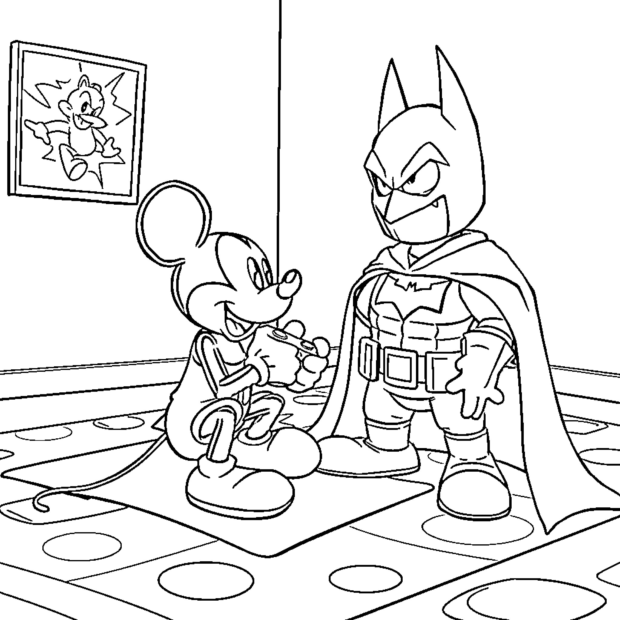 Mickey Mouse and Batman in a Playful Scene Coloring Page (free black-and-white line drawing printable PDF for all, from beginners to advanced learners, including children, teens, adults, and seniors)