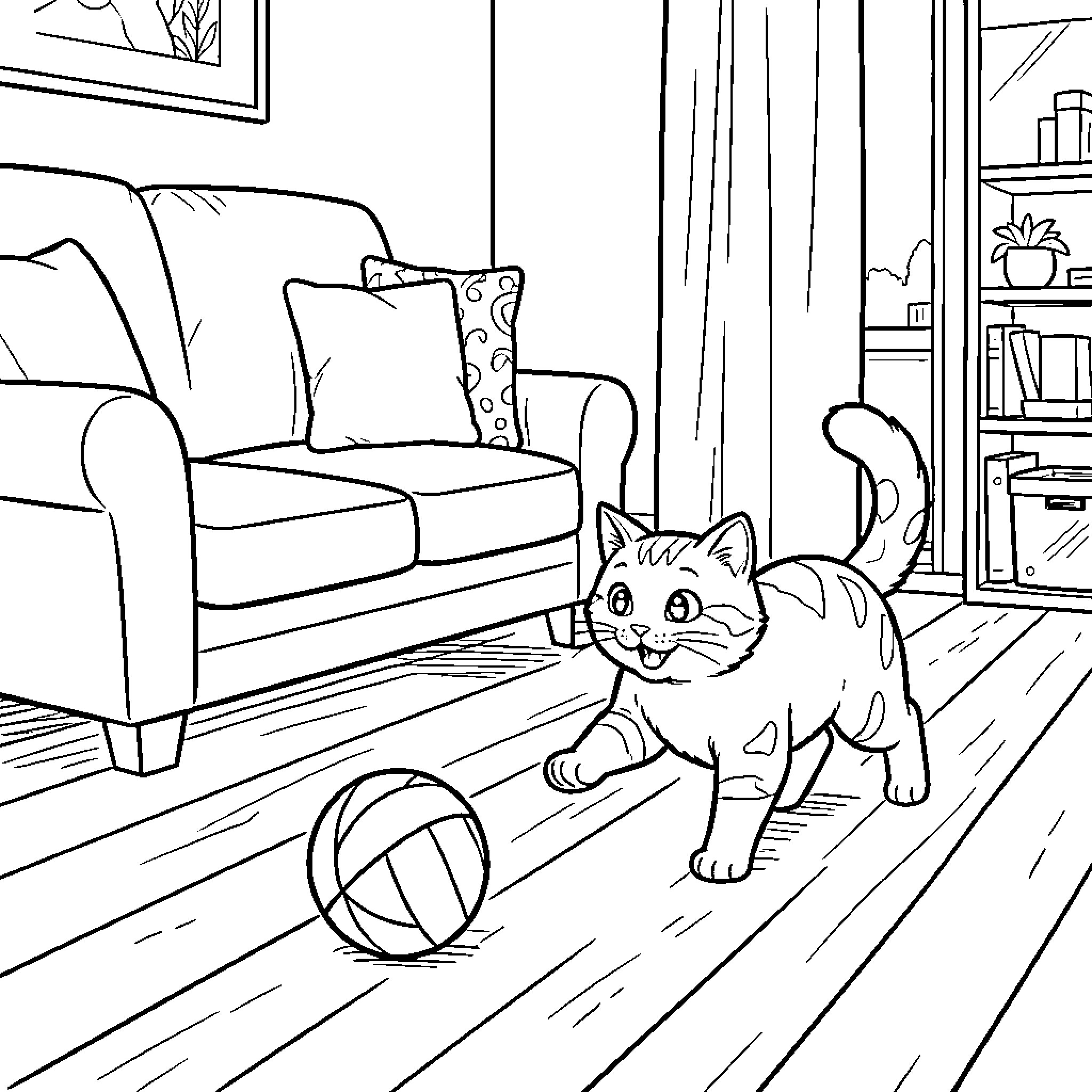 Cat exploring cozy indoor scene with toys Coloring Page (free black-and-white line drawing printable PDF for all, from beginners to advanced learners, including children, teens, adults, and seniors)