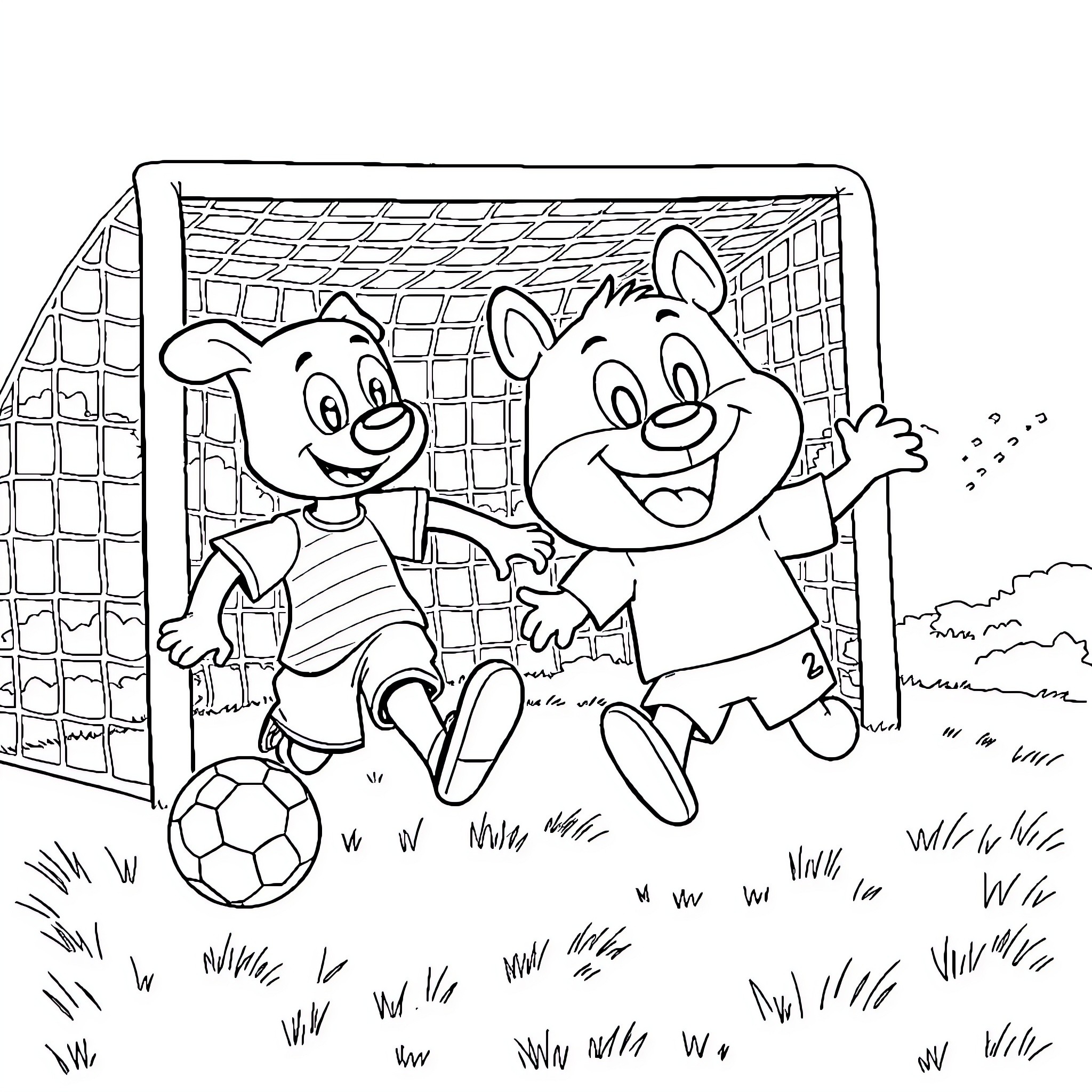 Bluey and friends playing soccer on the field Coloring Page (free black-and-white line drawing printable PDF for all, from beginners to advanced learners, including children, teens, adults, and seniors)
