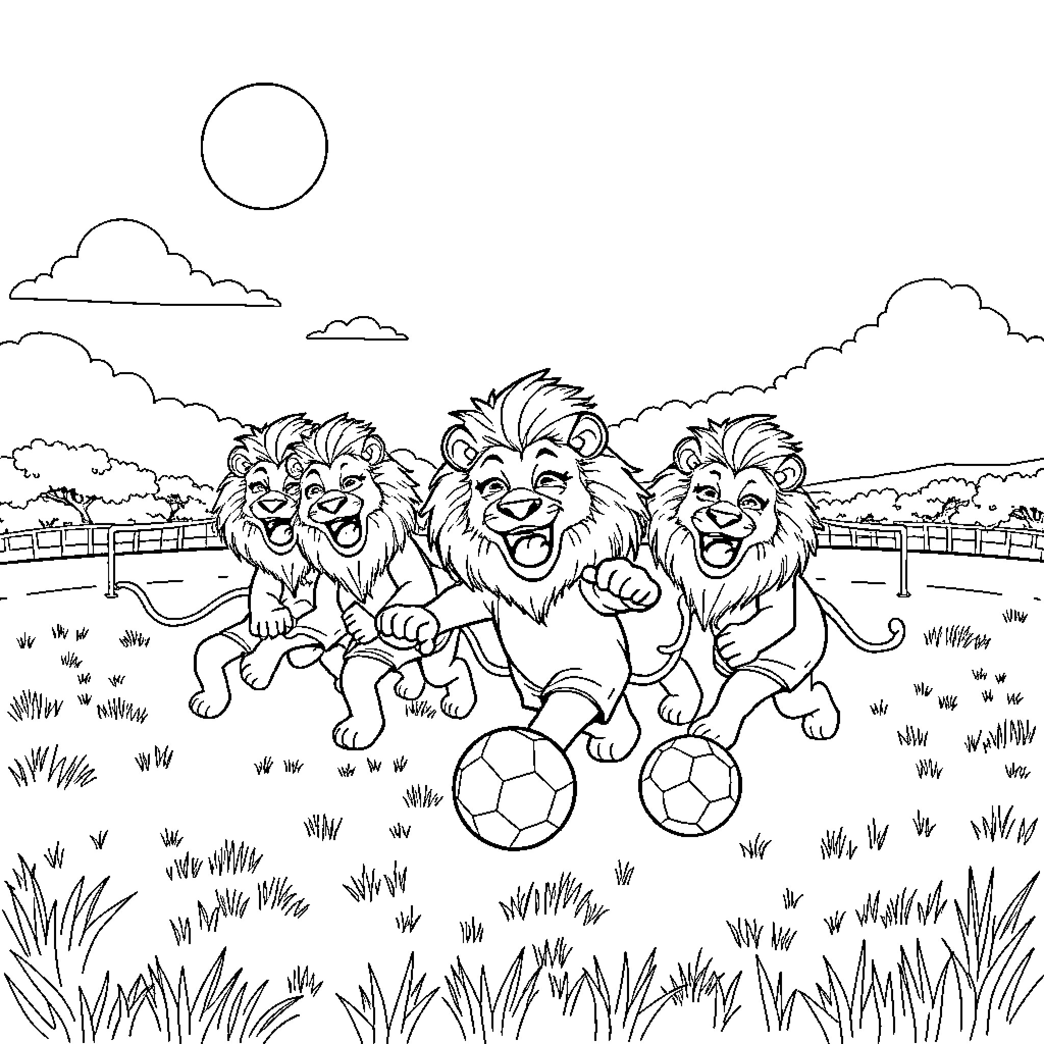 Lion friends playing with soccer balls in the field Coloring Page (free black-and-white line drawing printable PDF for all, from beginners to advanced learners, including children, teens, adults, and seniors)