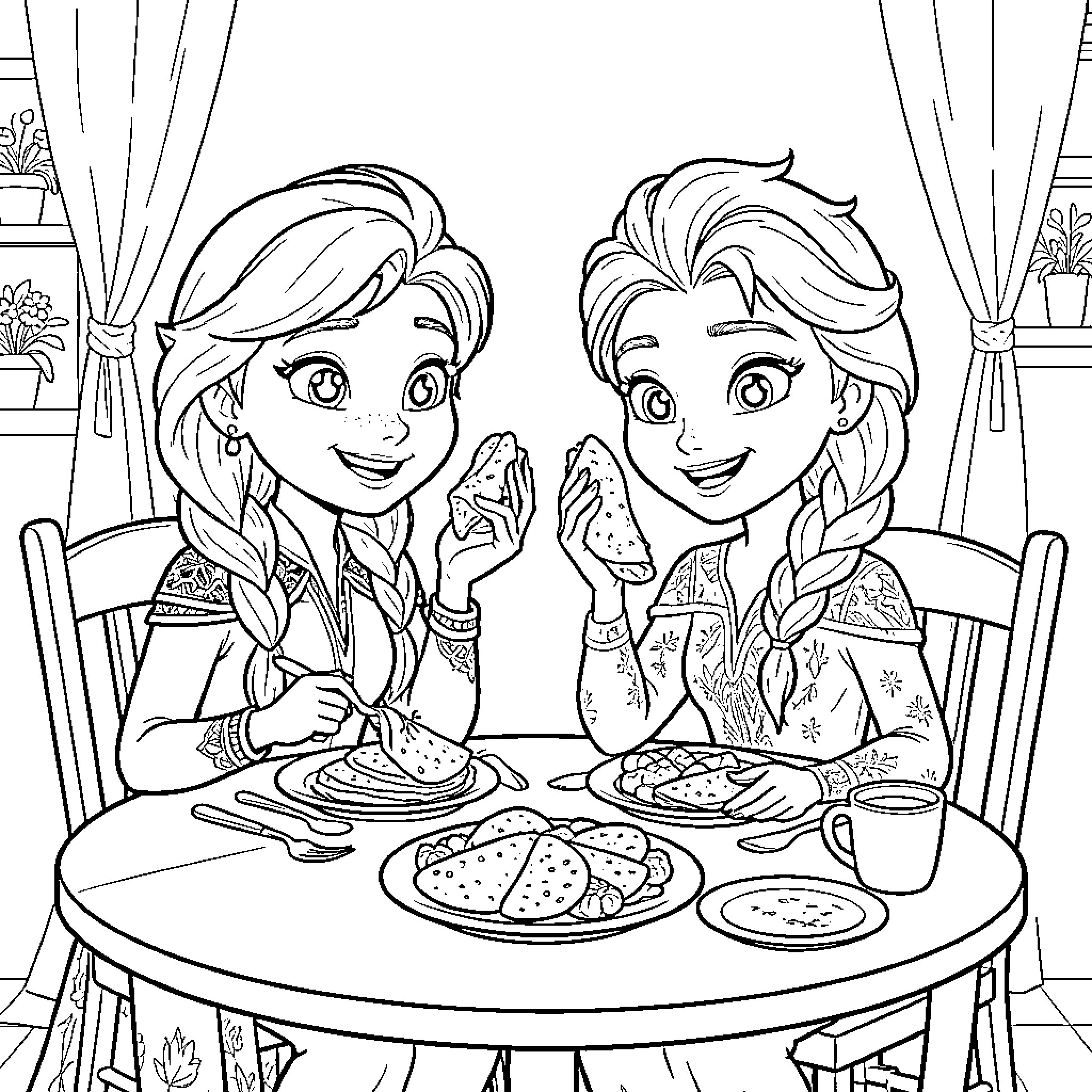 Frozen Characters enjoying a meal at a table Coloring Page (free black-and-white line drawing printable PDF for all, from beginners to advanced learners, including children, teens, adults, and seniors)