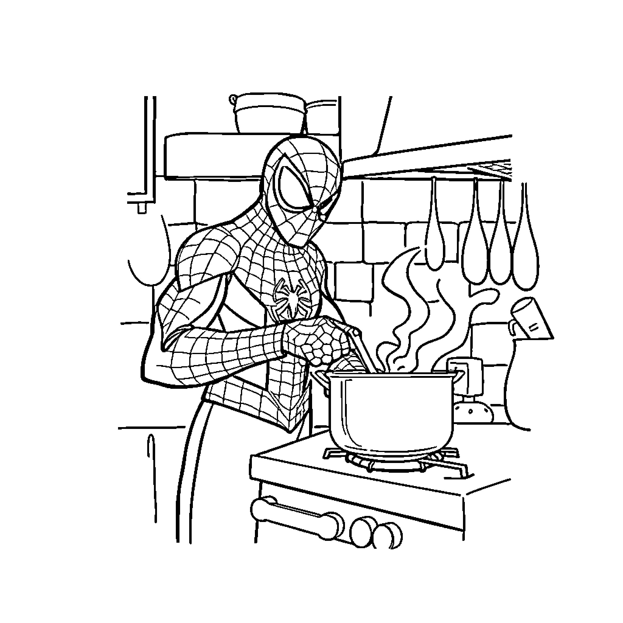 Spiderman cooking a meal in the kitchen Coloring Page (free black-and-white line drawing printable PDF for all, from beginners to advanced learners, including children, teens, adults, and seniors)
