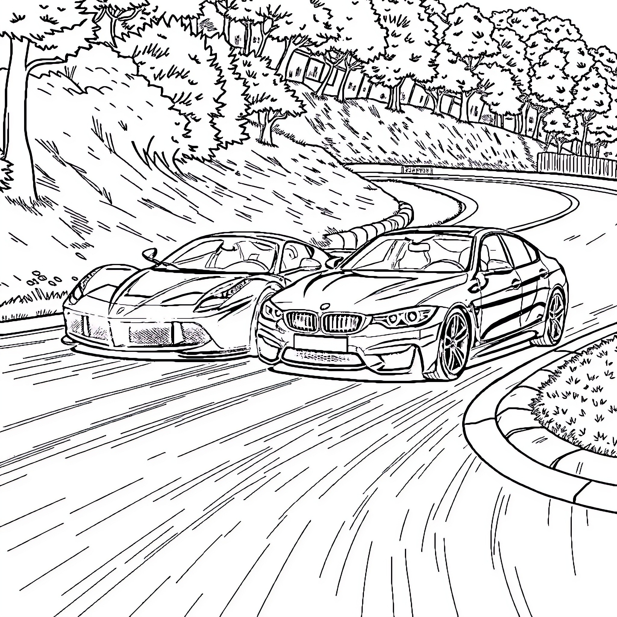 Ferrari supercars racing on winding road Coloring Page (free black-and-white line drawing printable PDF for all, from beginners to advanced learners, including children, teens, adults, and seniors)