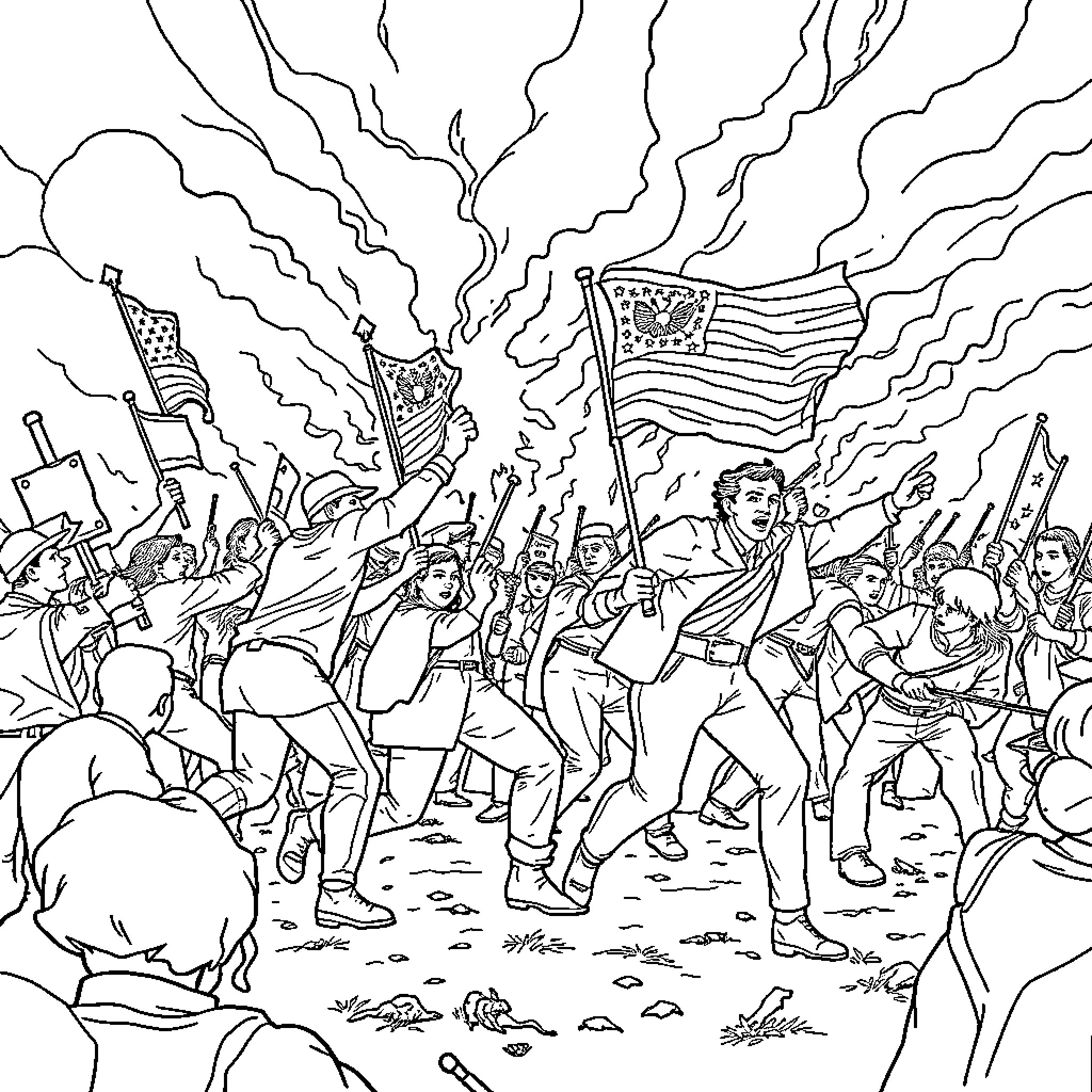 Civil War Battle Scene with Flags and Soldiers Coloring Page (free black-and-white line drawing printable PDF for all, from beginners to advanced learners, including children, teens, adults, and seniors)