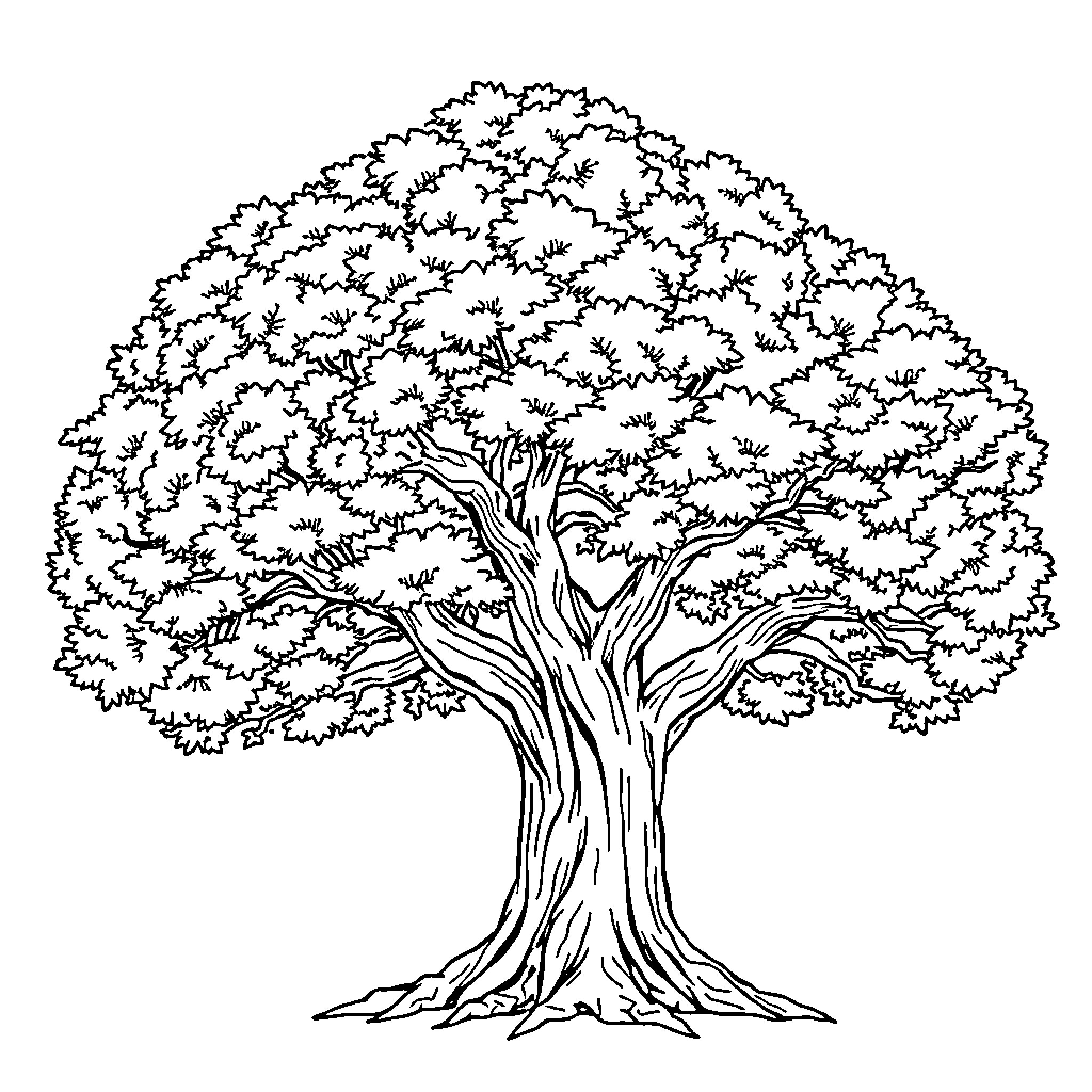 Tree with intricate branches and leaves Coloring Page (free black-and-white line drawing printable PDF for all, from beginners to advanced learners, including children, teens, adults, and seniors)
