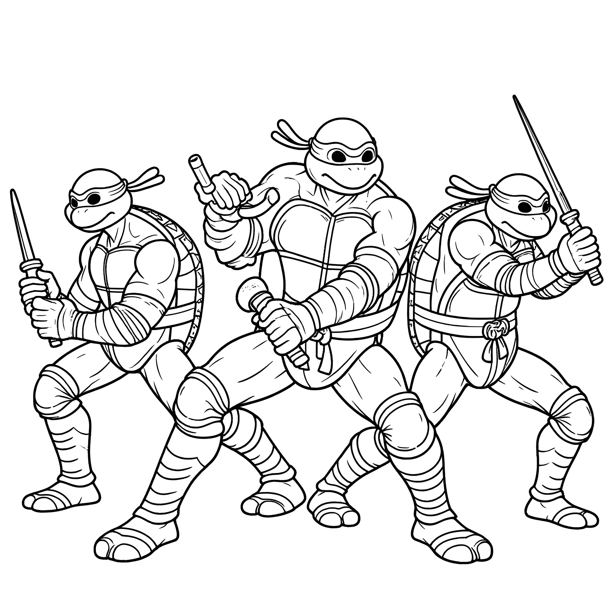 Ninja Turtle heroes in action Coloring Page (free black-and-white line drawing printable PDF for all, from beginners to advanced learners, including children, teens, adults, and seniors)