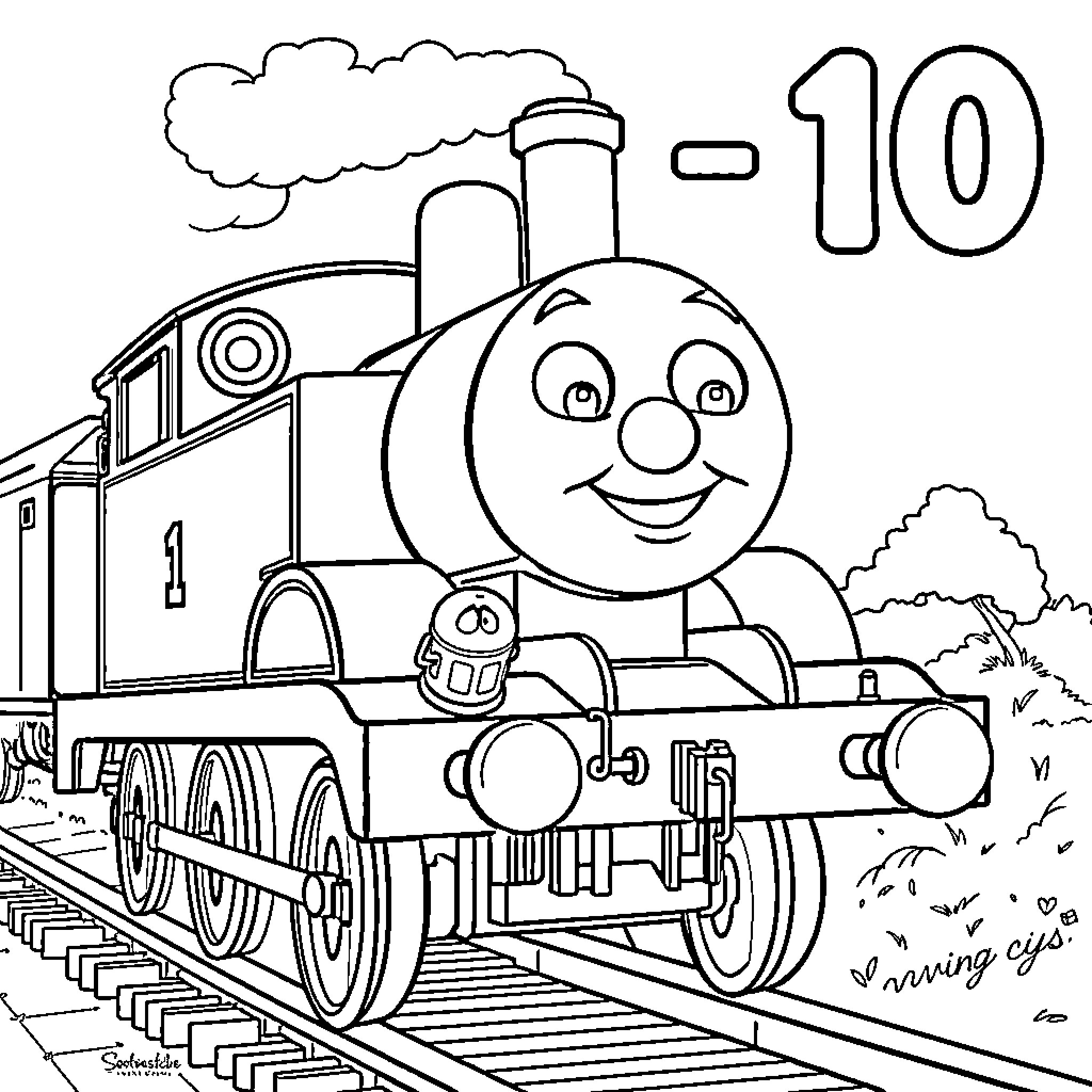 Thomas the Train Engine Happily Chugging Along Coloring Page (free black-and-white line drawing printable PDF for all, from beginners to advanced learners, including children, teens, adults, and seniors)