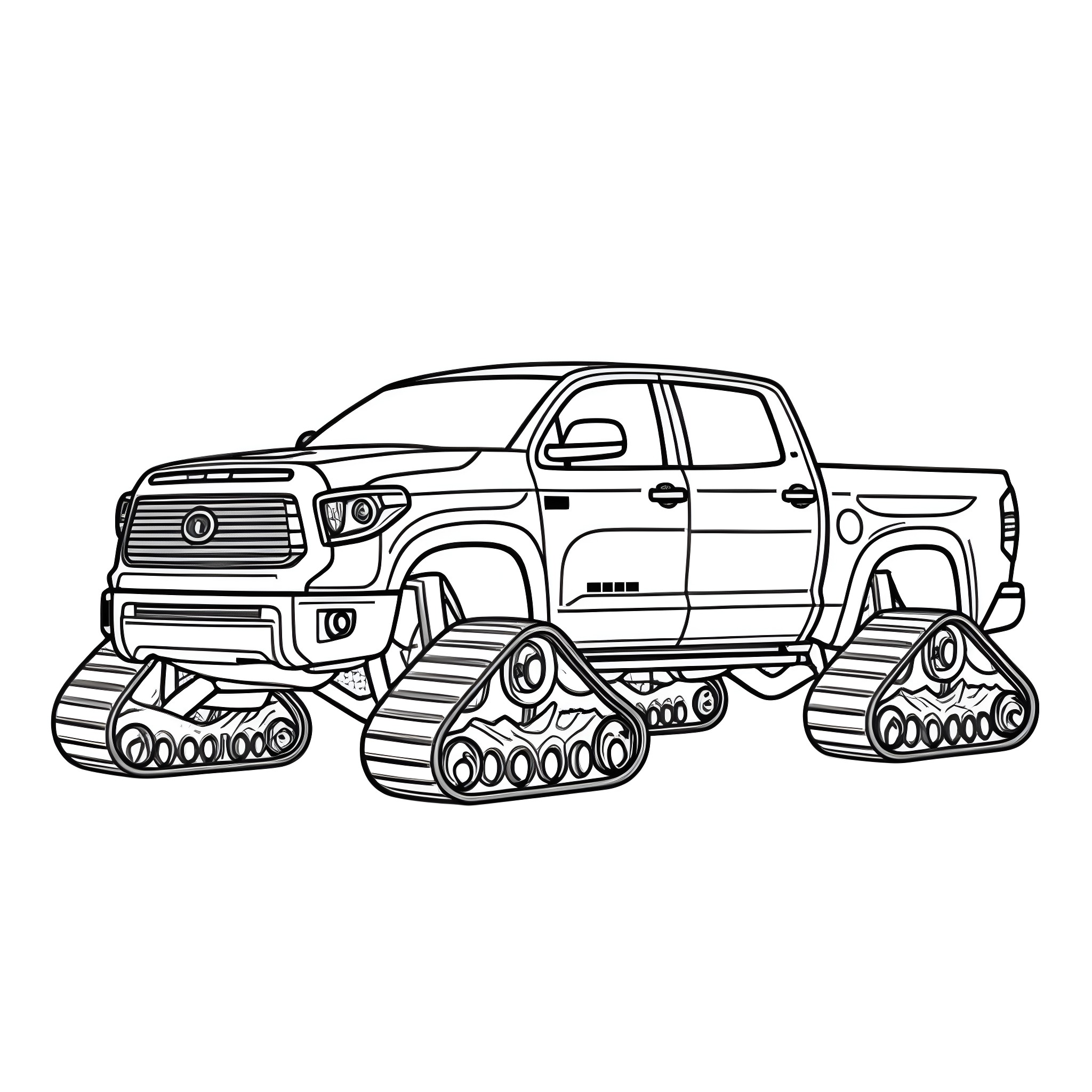Toyota Tundra Pickup Truck with Tracks Coloring Page (free black-and-white line drawing printable PDF for all, from beginners to advanced learners, including children, teens, adults, and seniors)
