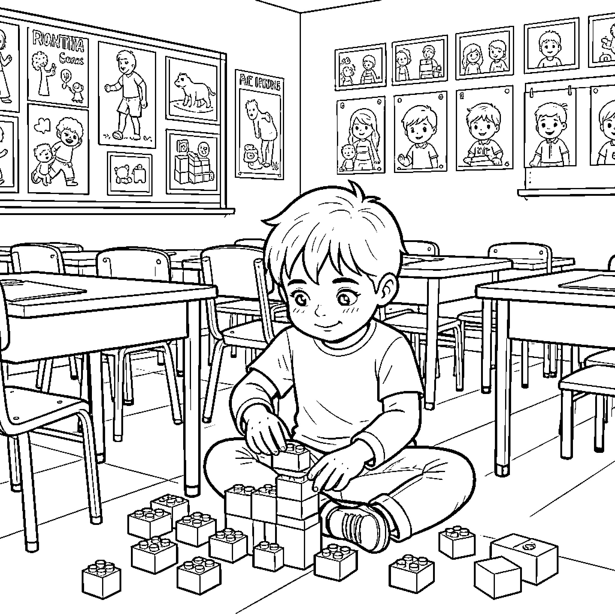 Enfant sitting on floor playing with building blocks Coloring Page (free black-and-white line drawing printable PDF for all, from beginners to advanced learners, including children, teens, adults, and seniors)