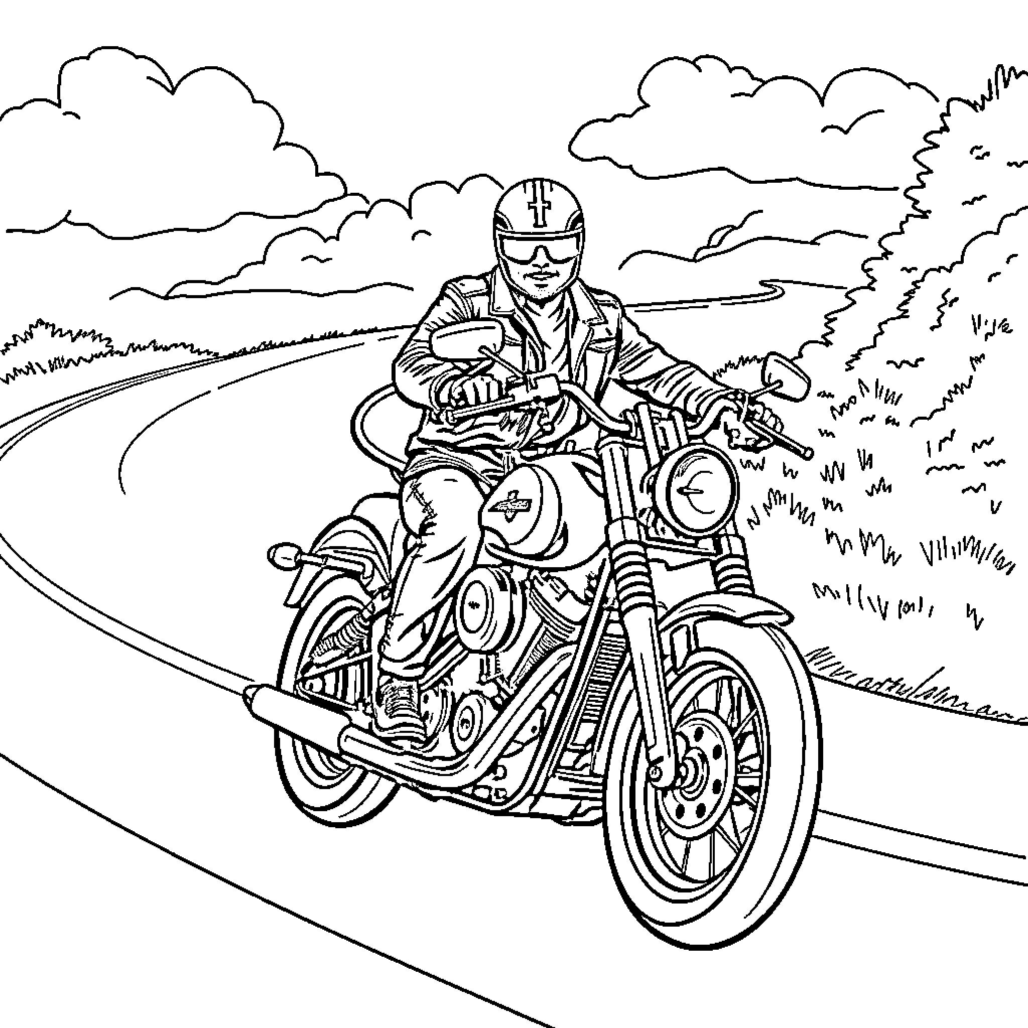 Biker riding motorcycle on winding road Coloring Page (free black-and-white line drawing printable PDF for all, from beginners to advanced learners, including children, teens, adults, and seniors)