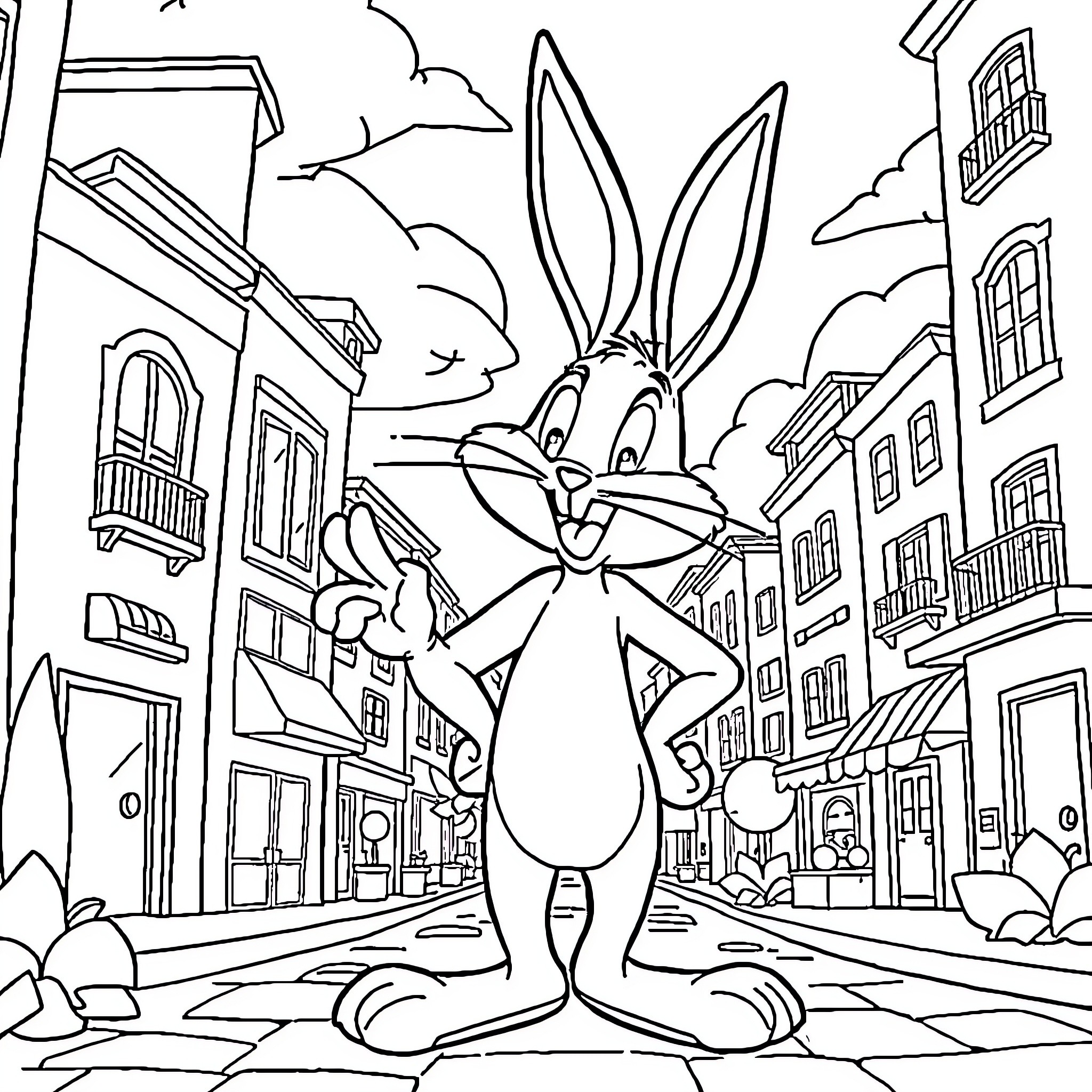 Bugs Bunny on a city street Coloring Page (free black-and-white line drawing printable PDF for all, from beginners to advanced learners, including children, teens, adults, and seniors)
