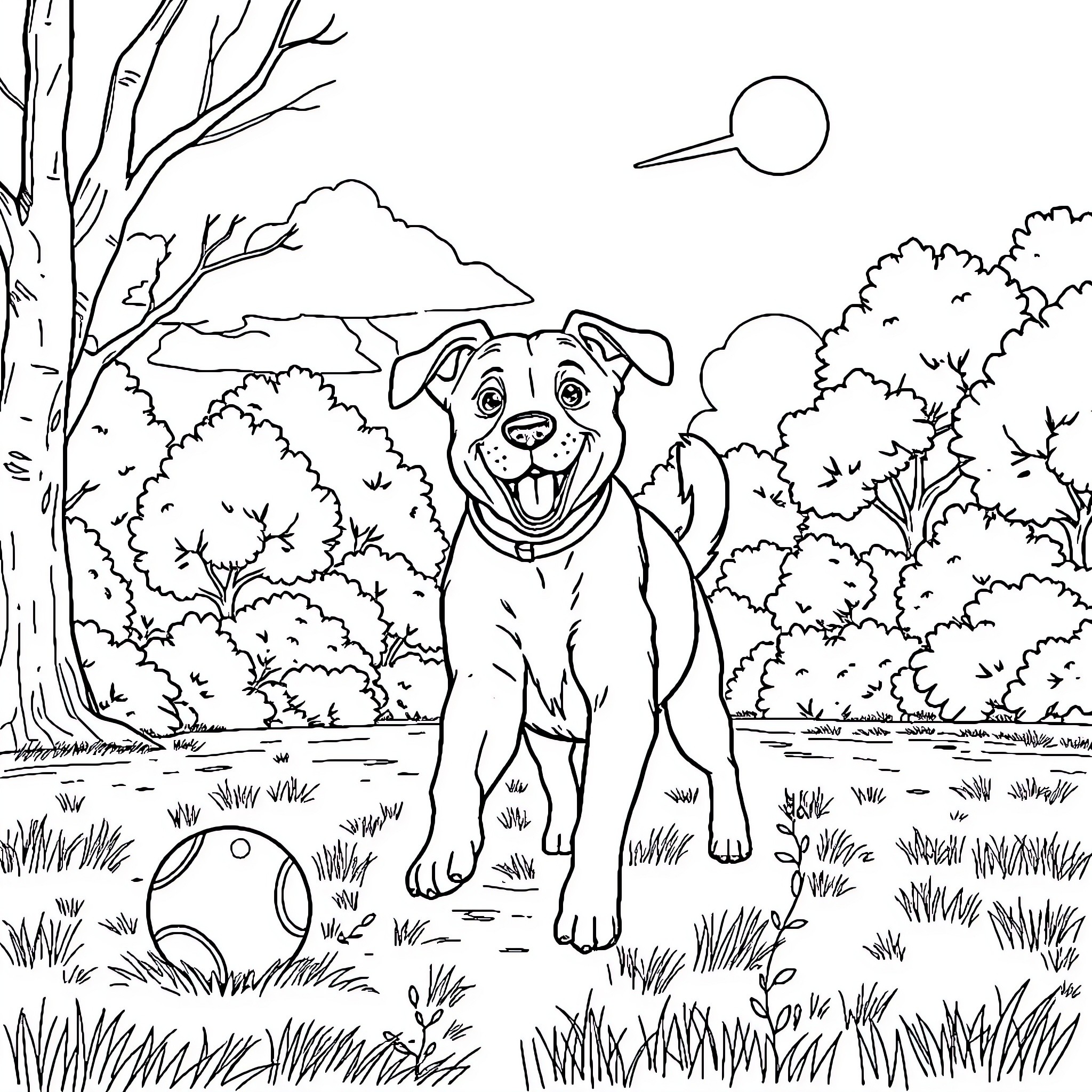 Dog joyfully playing in the park Coloring Page (free black-and-white line drawing printable PDF for all, from beginners to advanced learners, including children, teens, adults, and seniors)