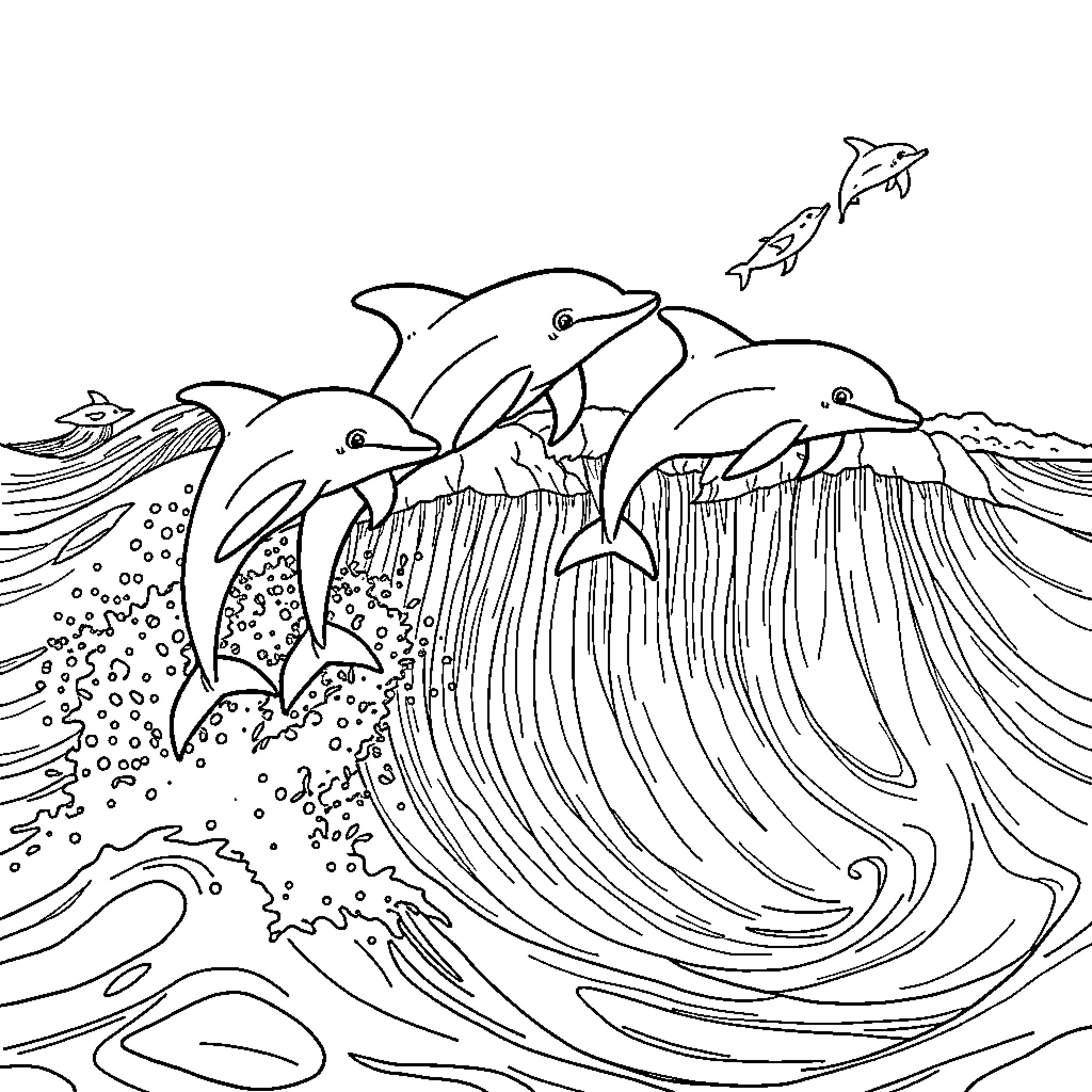 Dolphin leaping through waves with school of fish Coloring Page (free black-and-white line drawing printable PDF for all, from beginners to advanced learners, including children, teens, adults, and seniors)