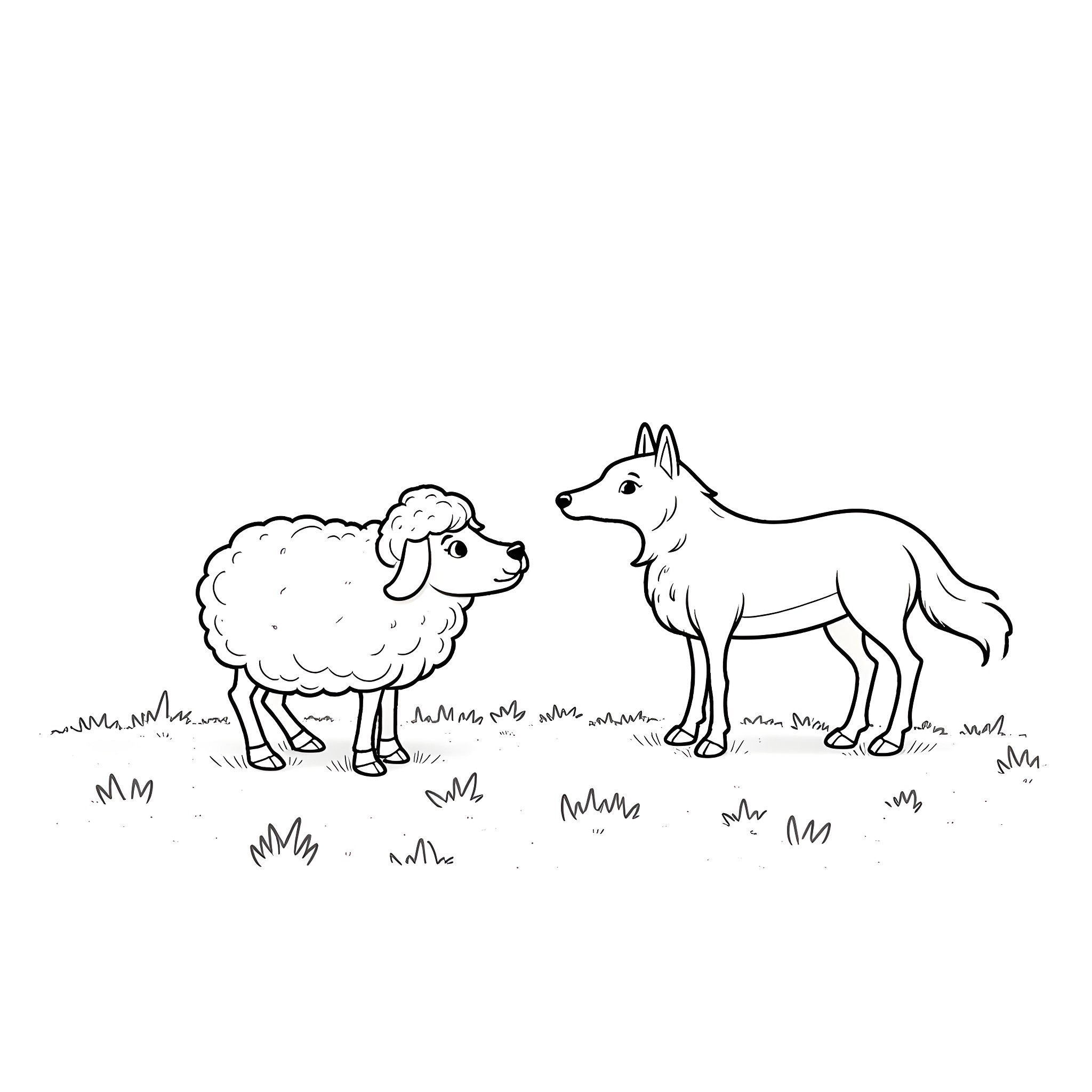 Sheep and wolf in a grassy field Coloring Page (free black-and-white line drawing printable PDF for all, from beginners to advanced learners, including children, teens, adults, and seniors)