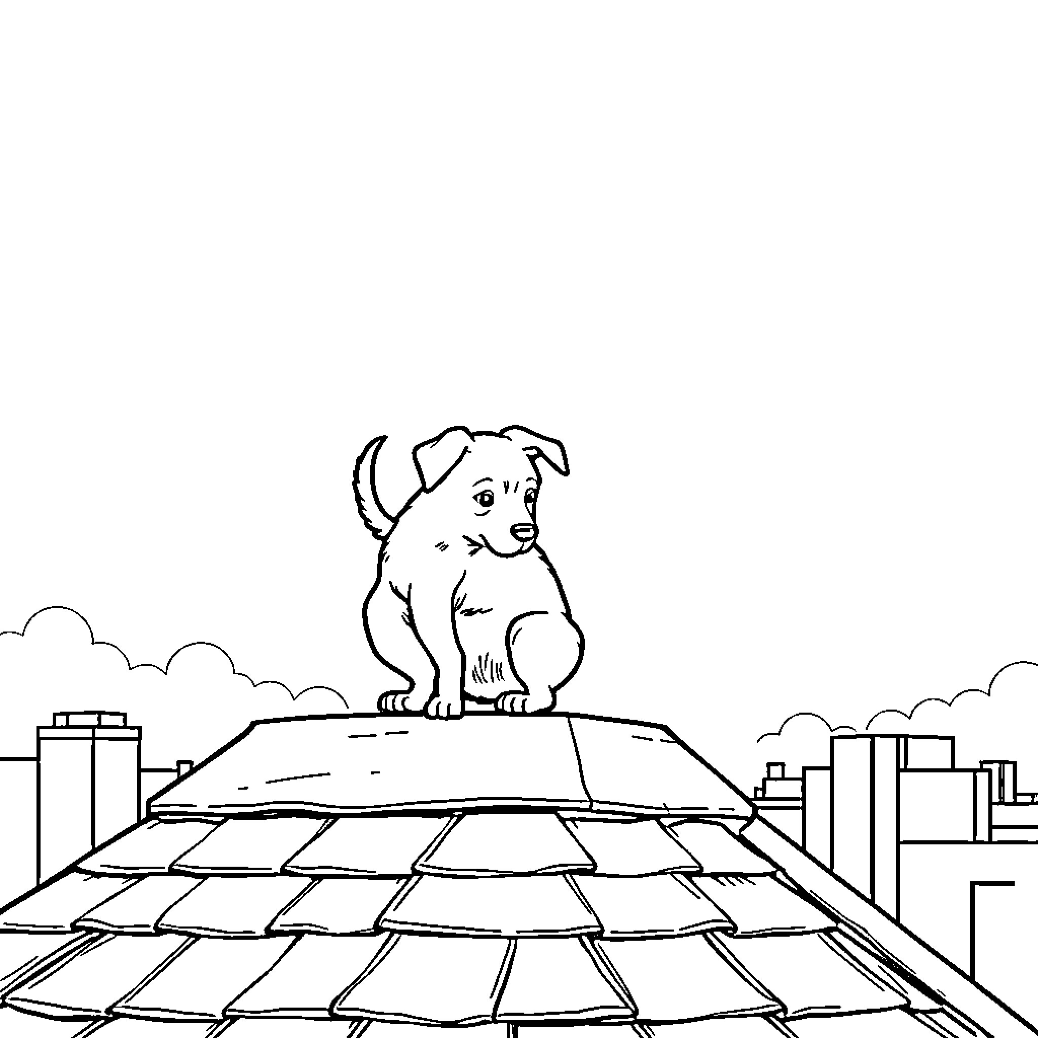 Dog sitting on rooftop overlooking cityscape Coloring Page (free black-and-white line drawing printable PDF for all, from beginners to advanced learners, including children, teens, adults, and seniors)